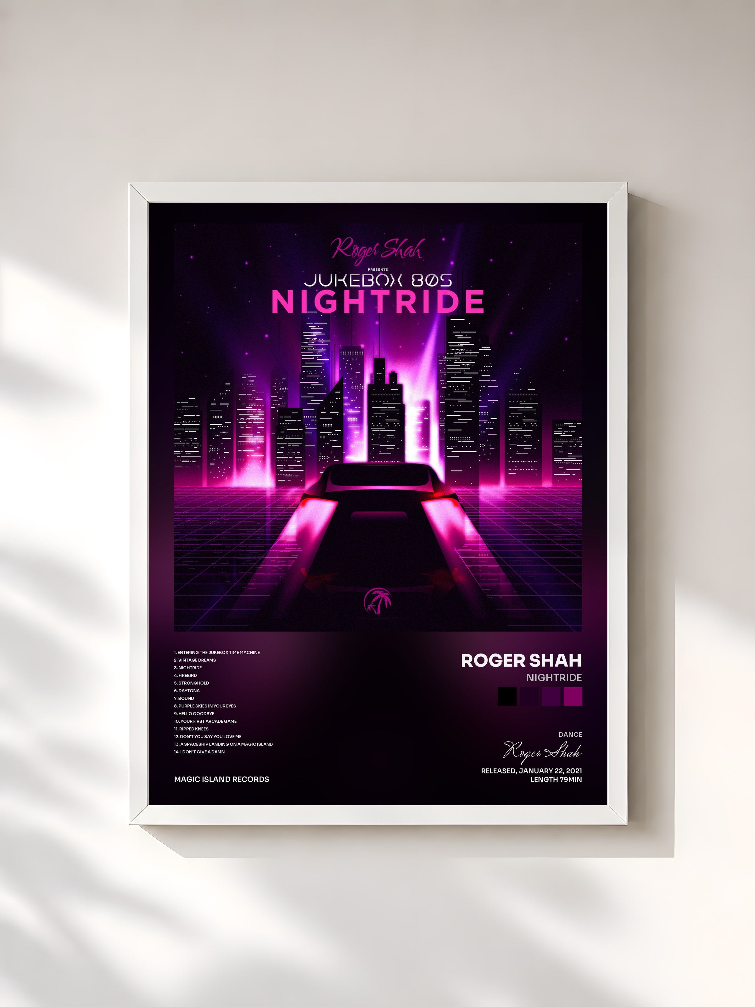 #blanc Tableau de l'album Nightride de Roger Shah, cadre blanc, imprimé et encadré en France
