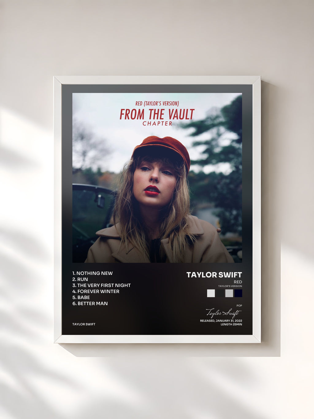 #blanc Tableau de l'album Red (Taylor’s Version): From The Vault Chapter de Taylor Swift, cadre blanc, imprimé et encadré en France
