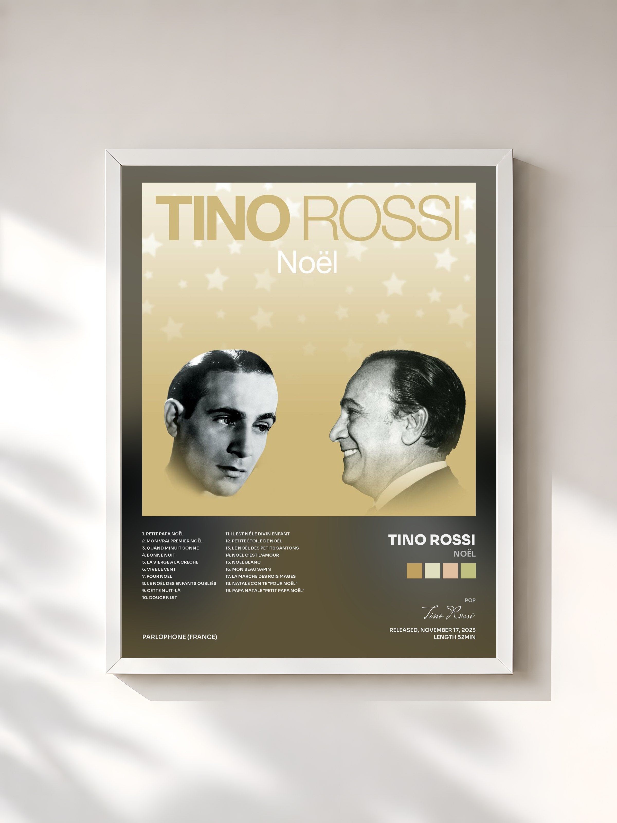 #blanc Tableau de l'album Noël de Tino Rossi, cadre blanc, imprimé et encadré en France