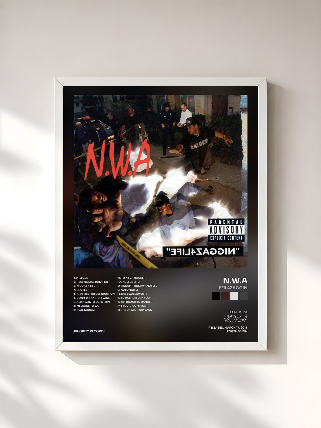 #blanc Tableau de l'album Efil4zaggin de N.W.A, cadre blanc, imprimé et encadré en France
