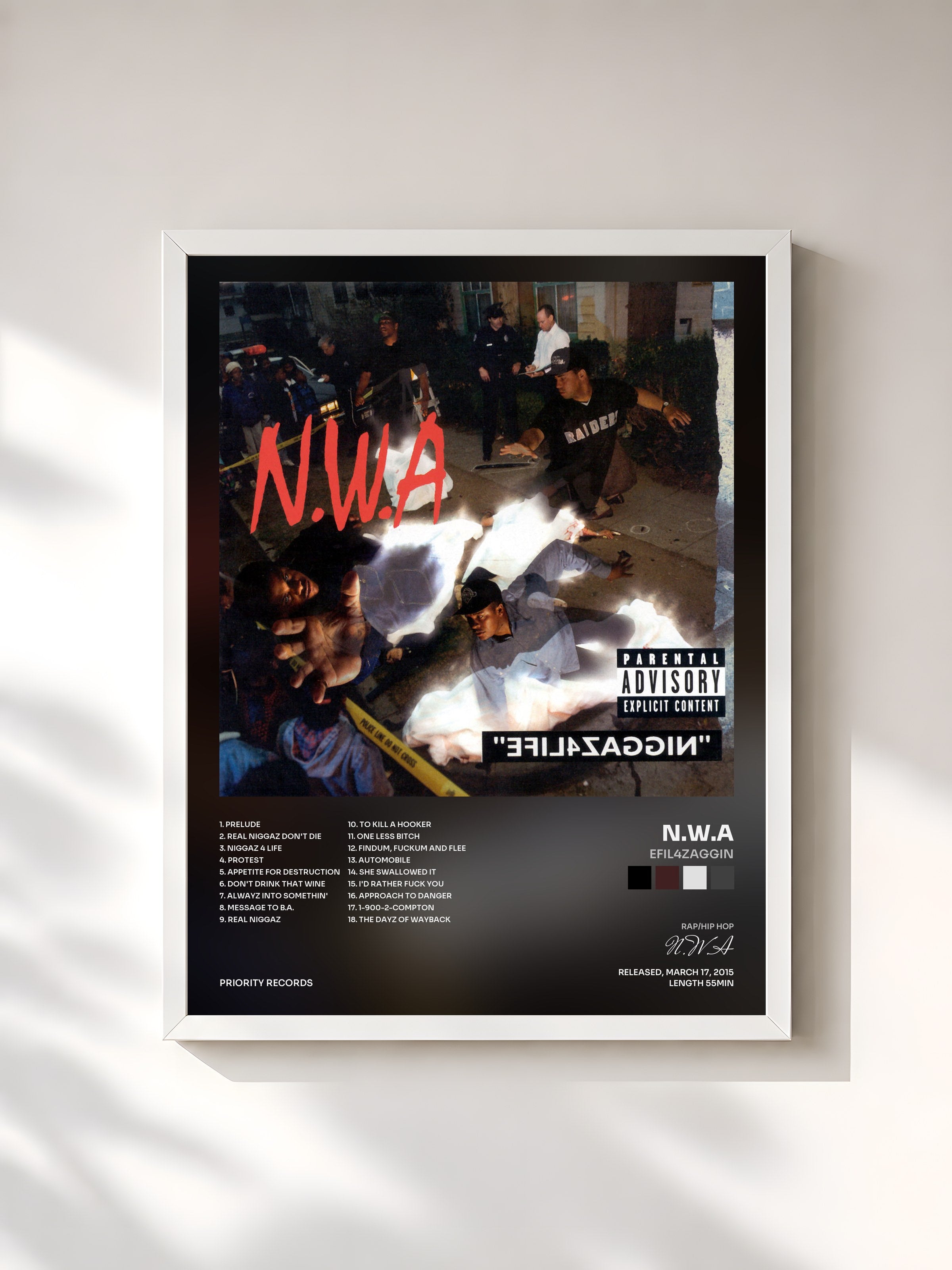 #blanc Tableau de l'album Efil4zaggin de N.W.A, cadre blanc, imprimé et encadré en France