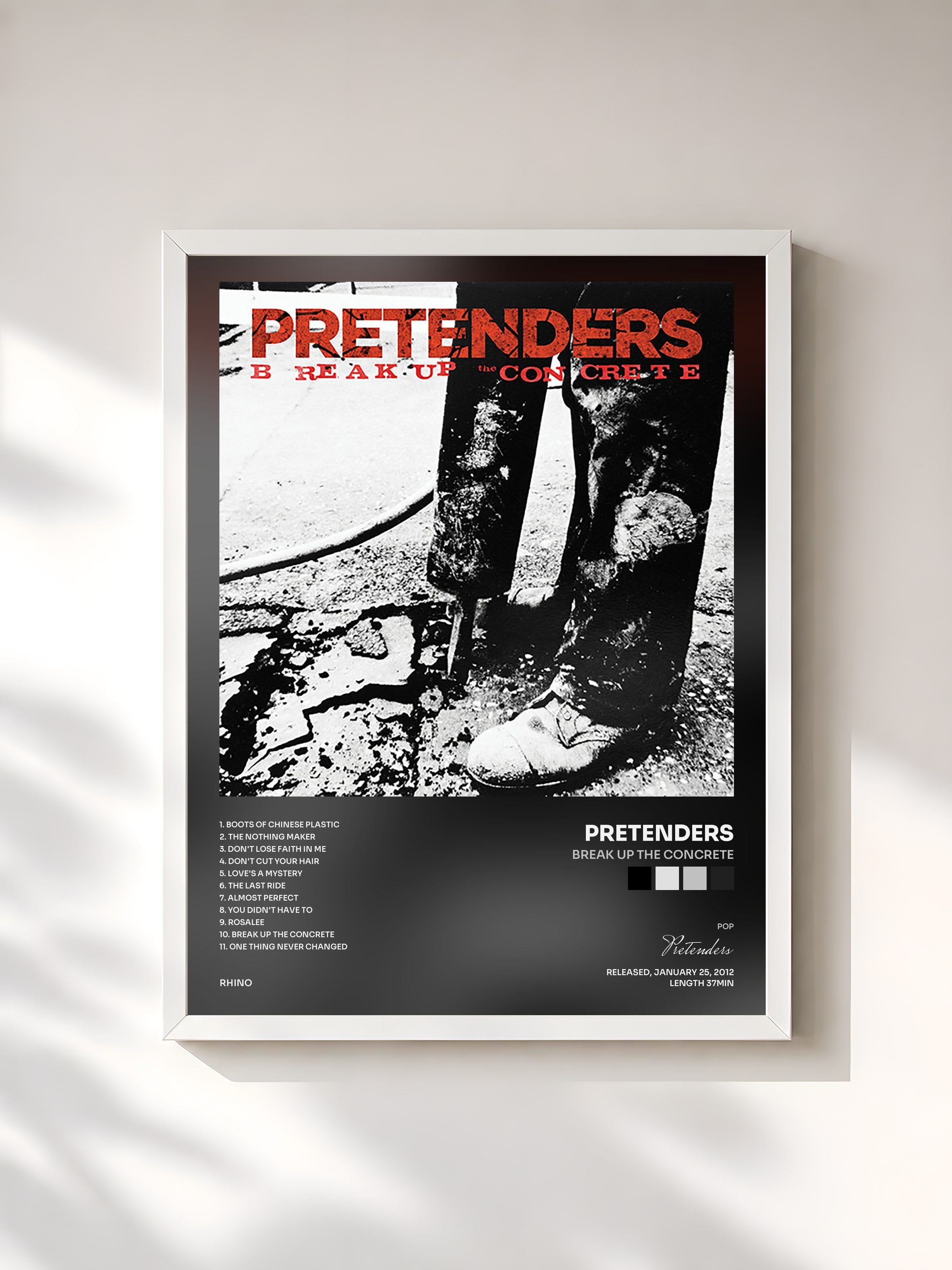 #blanc Tableau de l'album Break Up the Concrete de Pretenders, cadre blanc, imprimé et encadré en France