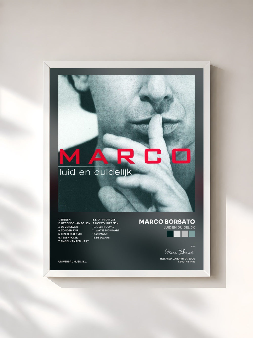 #blanc Tableau de l'album Luid En Duidelijk de Marco Borsato, cadre blanc, imprimé et encadré en France