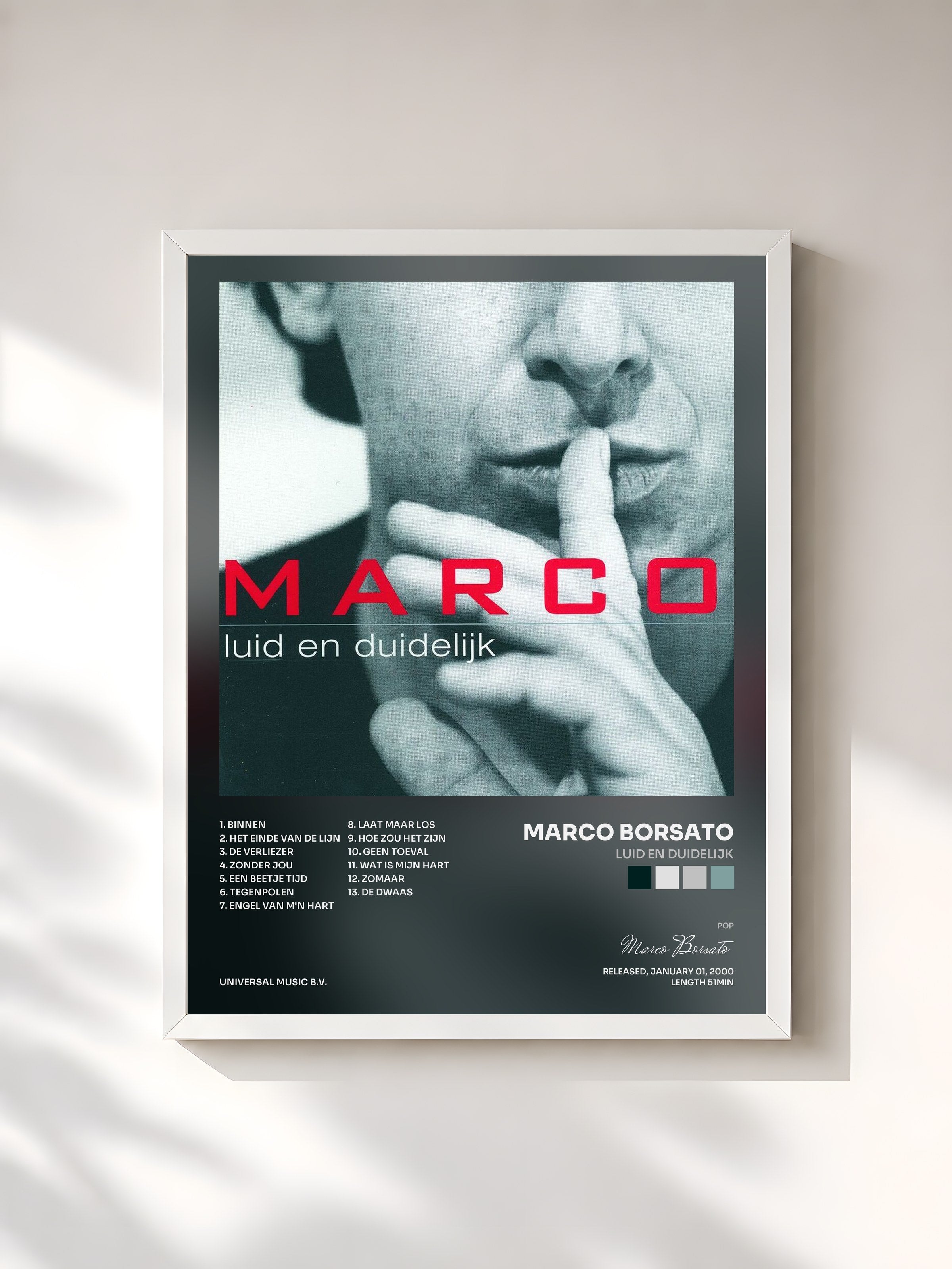 #blanc Tableau de l'album Luid En Duidelijk de Marco Borsato, cadre blanc, imprimé et encadré en France