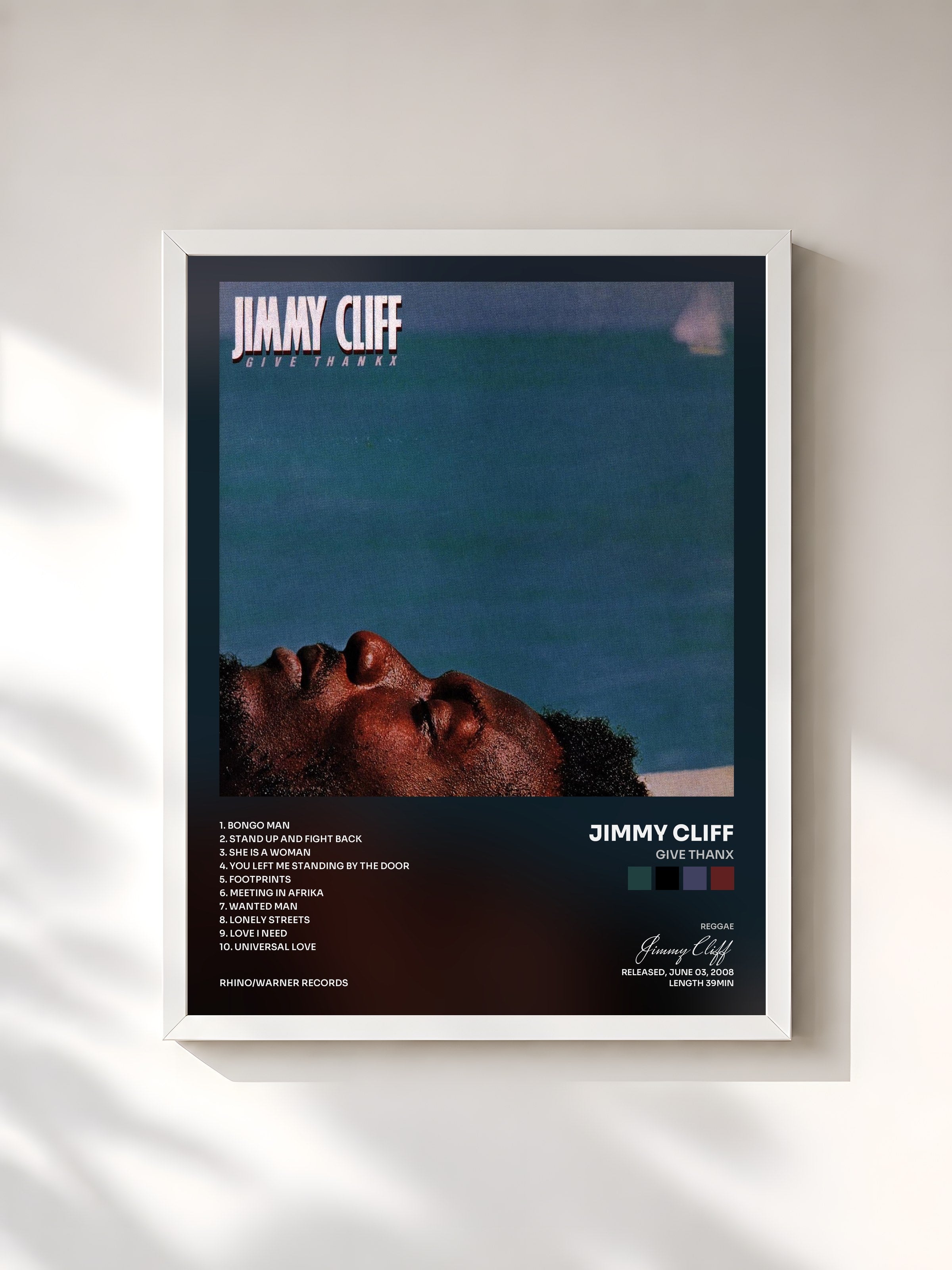 #blanc Tableau de l'album Give Thanx de Jimmy Cliff, cadre blanc, imprimé et encadré en France