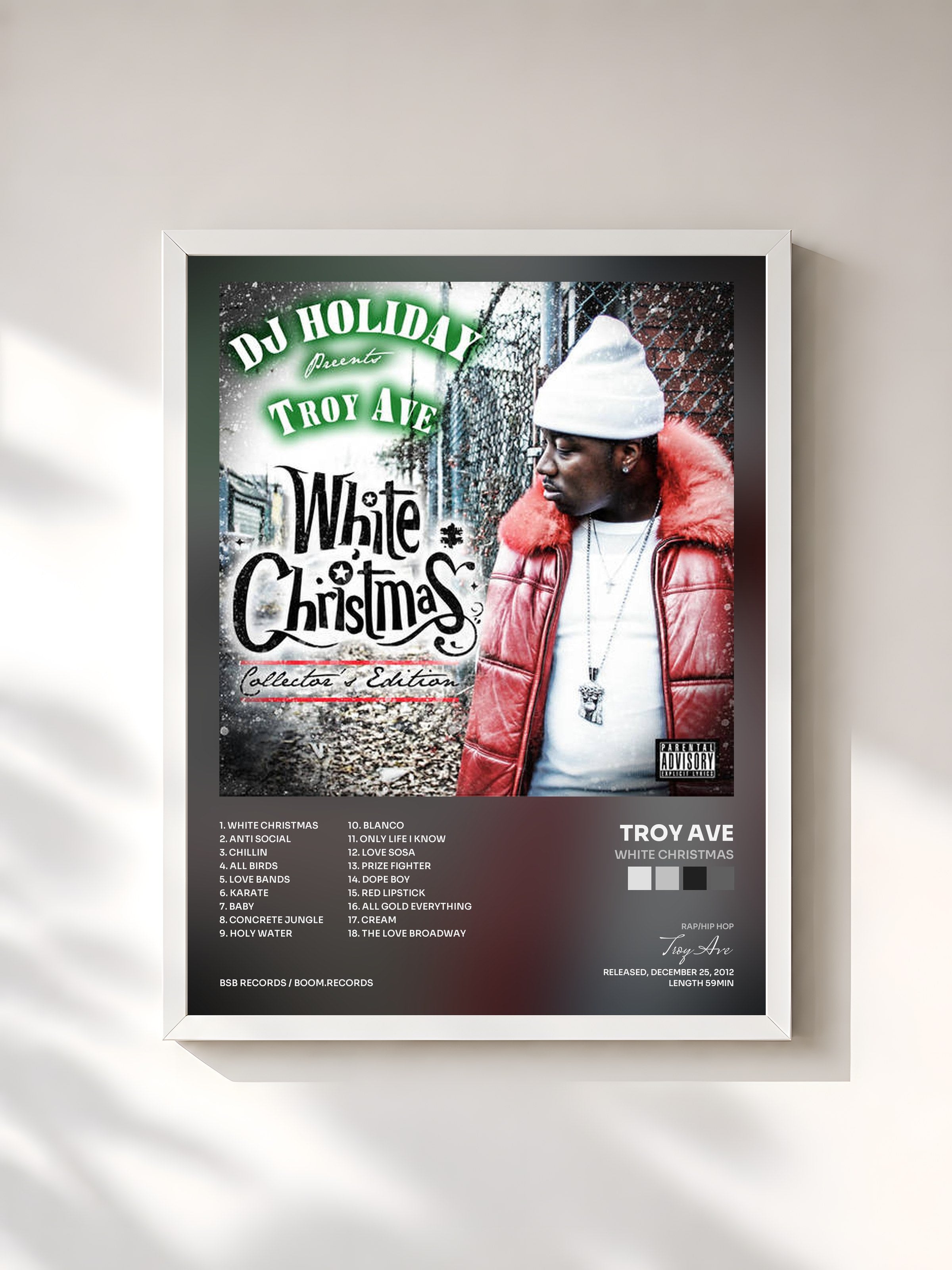 #blanc Tableau de l'album White Christmas de Troy Ave, cadre blanc, imprimé et encadré en France