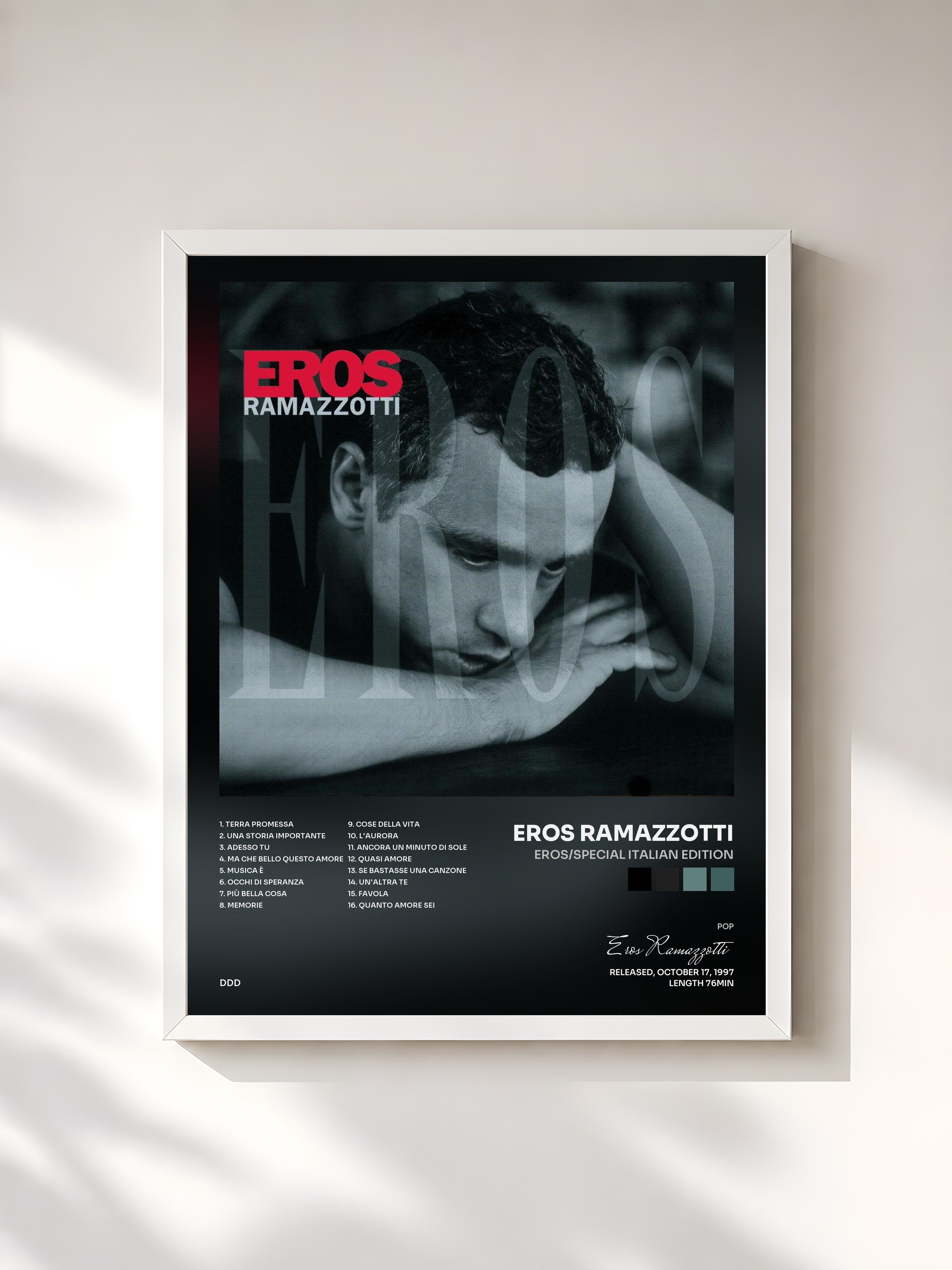 #blanc Tableau de l'album Eros/Special Italian Edition de Eros Ramazzotti, cadre blanc, imprimé et encadré en France