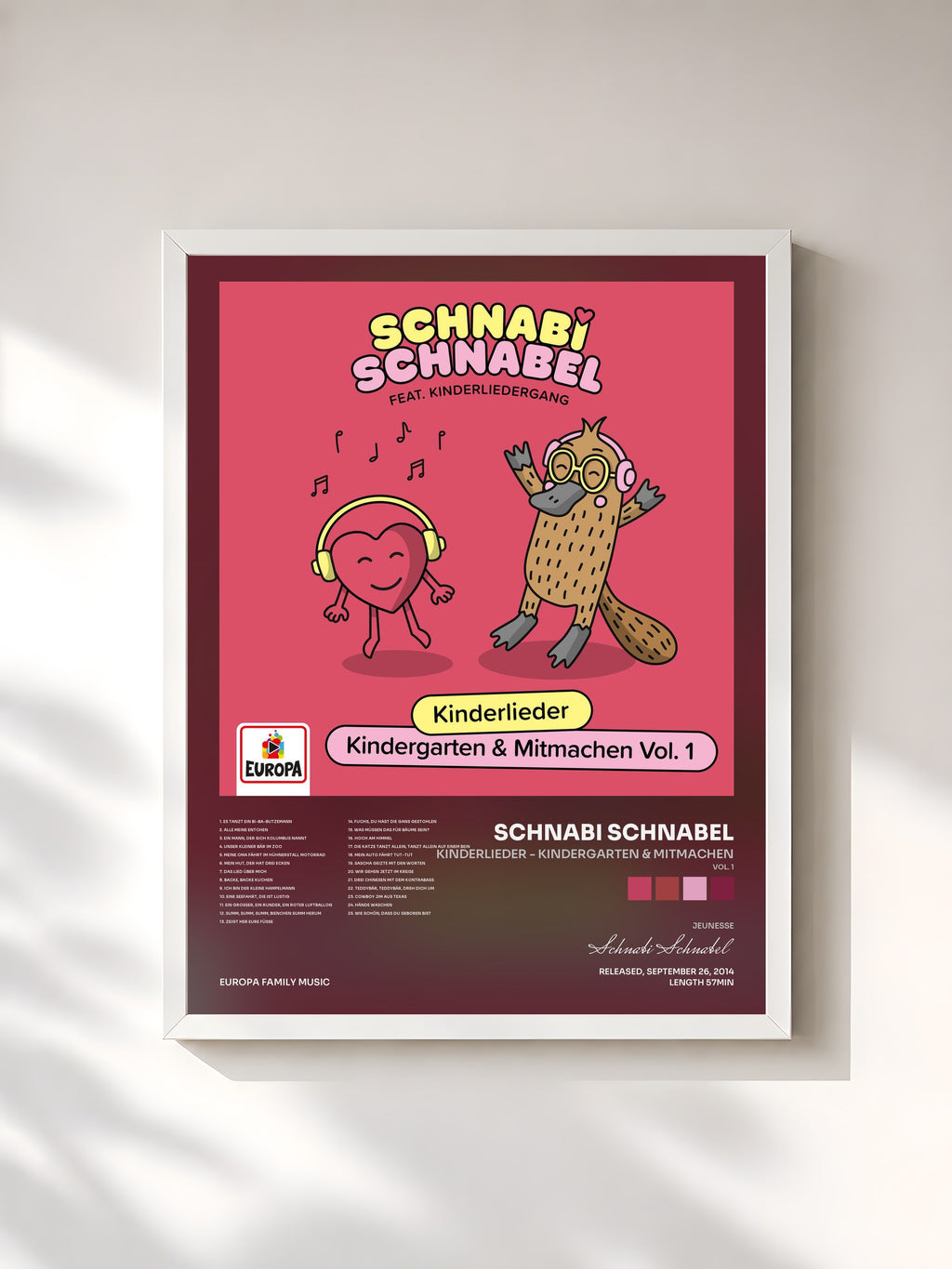 #blanc Tableau de l'album Kinderlieder - Kindergarten & Mitmachen (Vol. 1) de Schnabi Schnabel, cadre blanc, imprimé et encadré en France