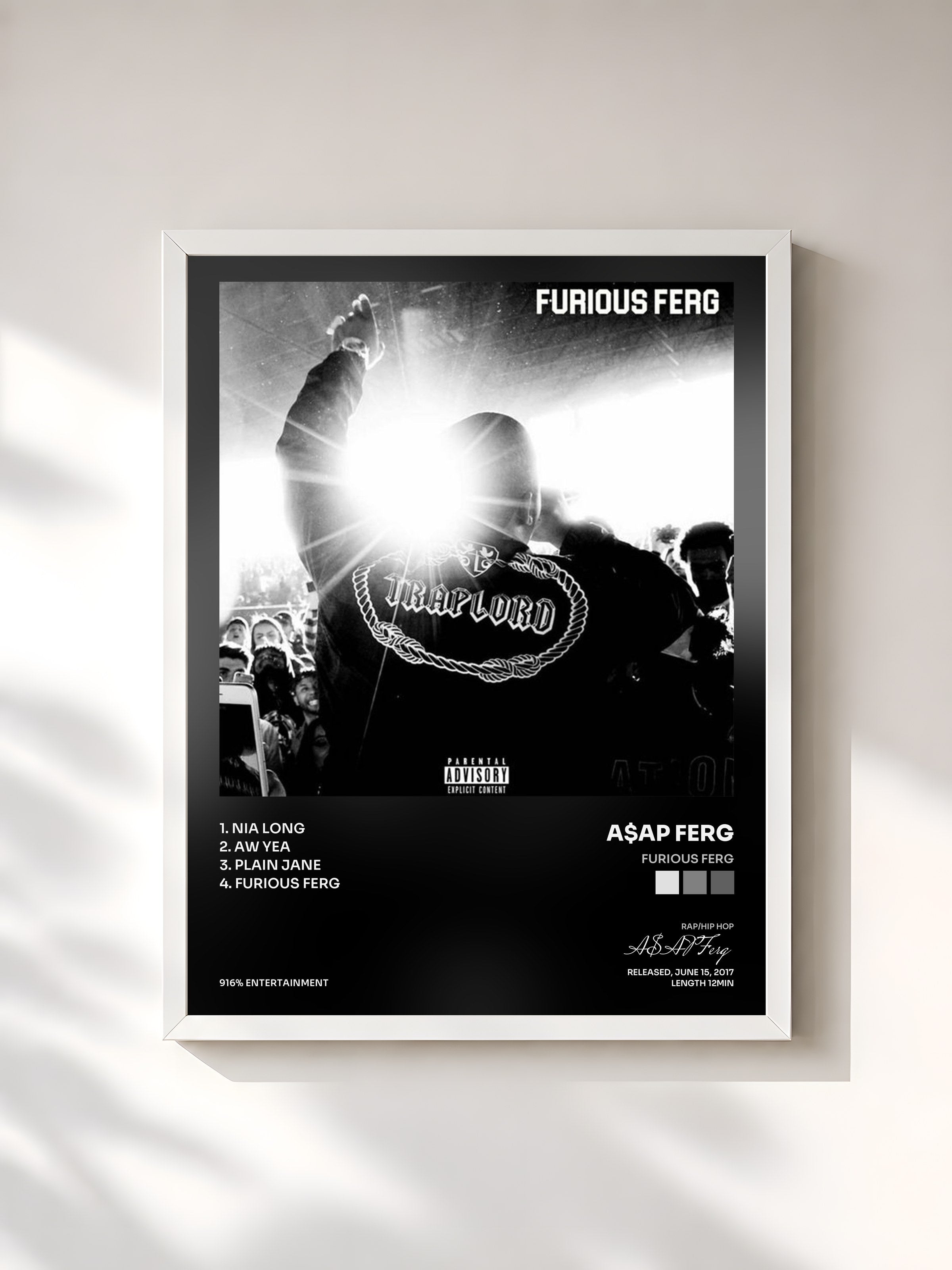 #blanc Tableau de l'album Furious Ferg de A$AP Ferg, cadre blanc, imprimé et encadré en France