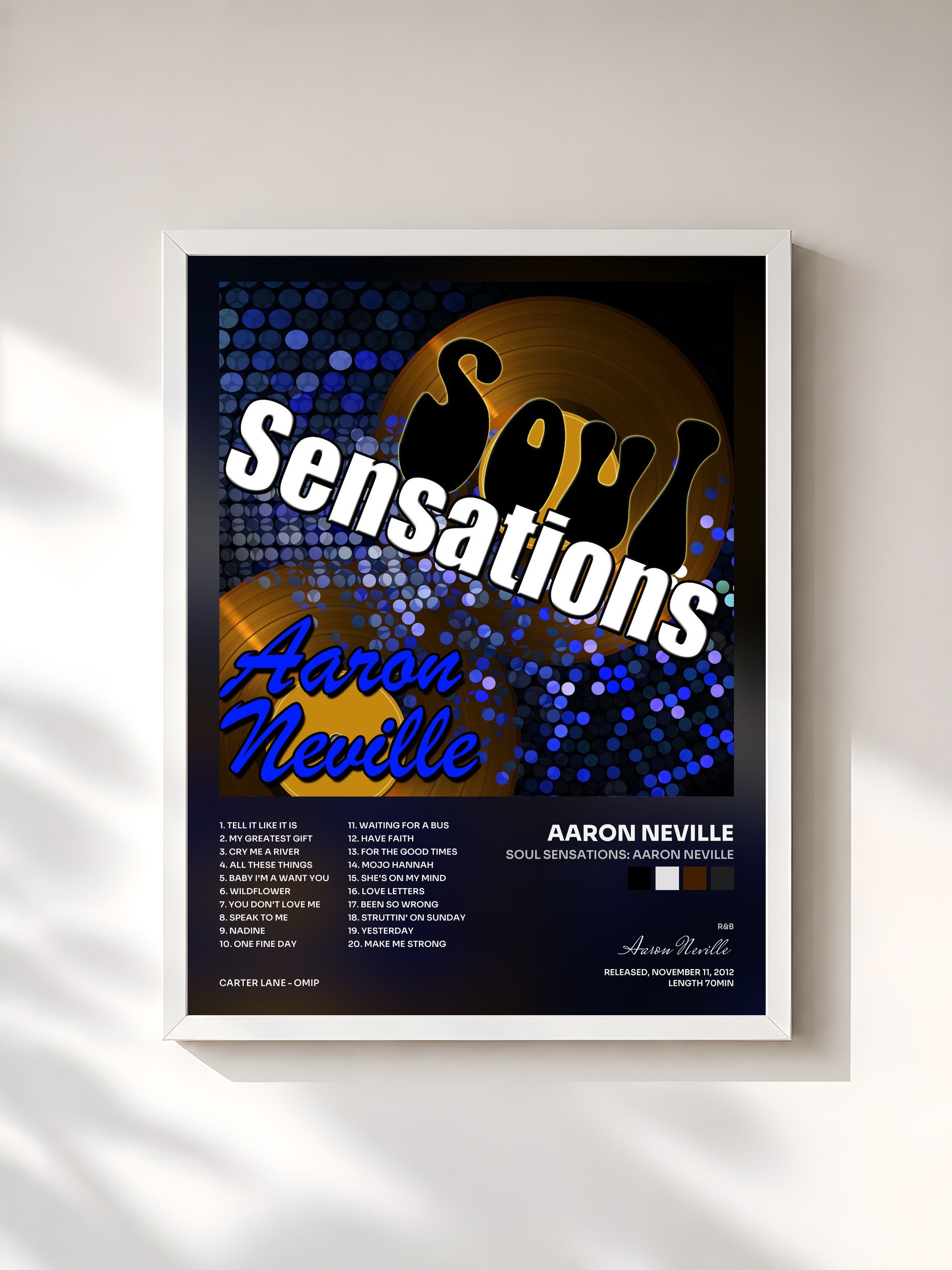 #blanc Tableau de l'album Soul Sensations: Aaron Neville de Aaron Neville, cadre blanc, imprimé et encadré en France