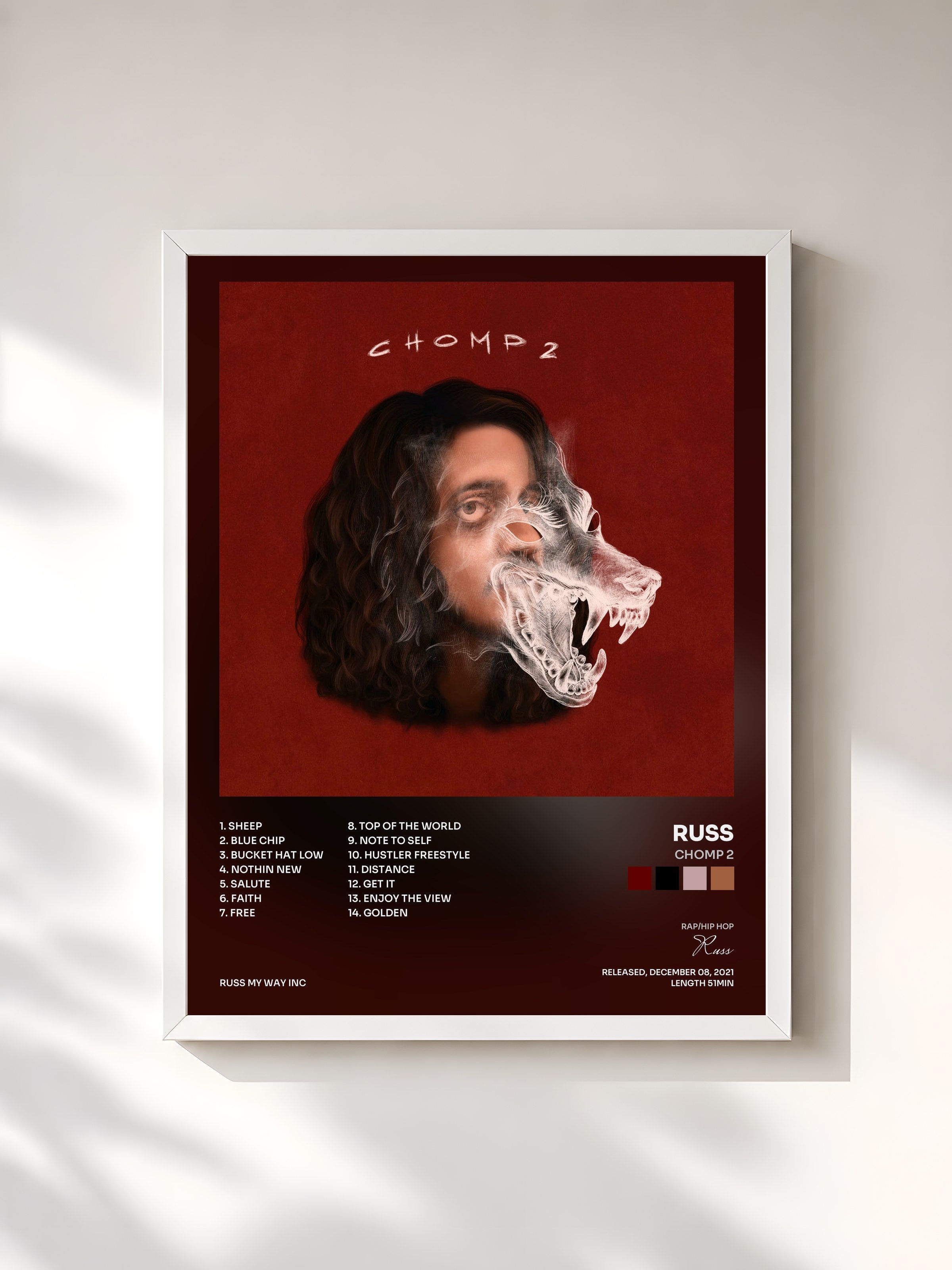 #blanc Tableau de l'album CHOMP 2 de Russ, cadre blanc, imprimé et encadré en France