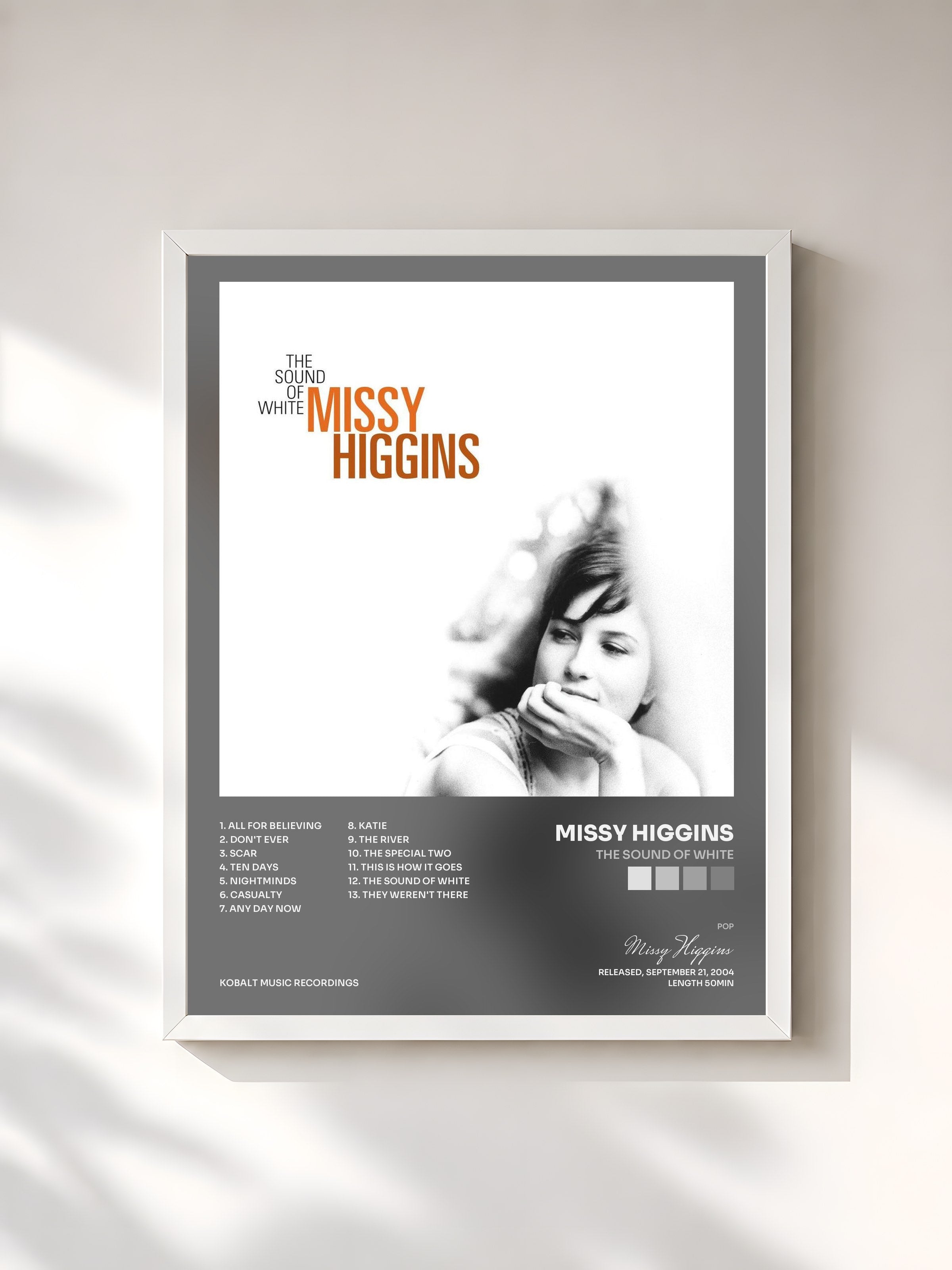 #blanc Tableau de l'album The Sound of White de Missy Higgins, cadre blanc, imprimé et encadré en France