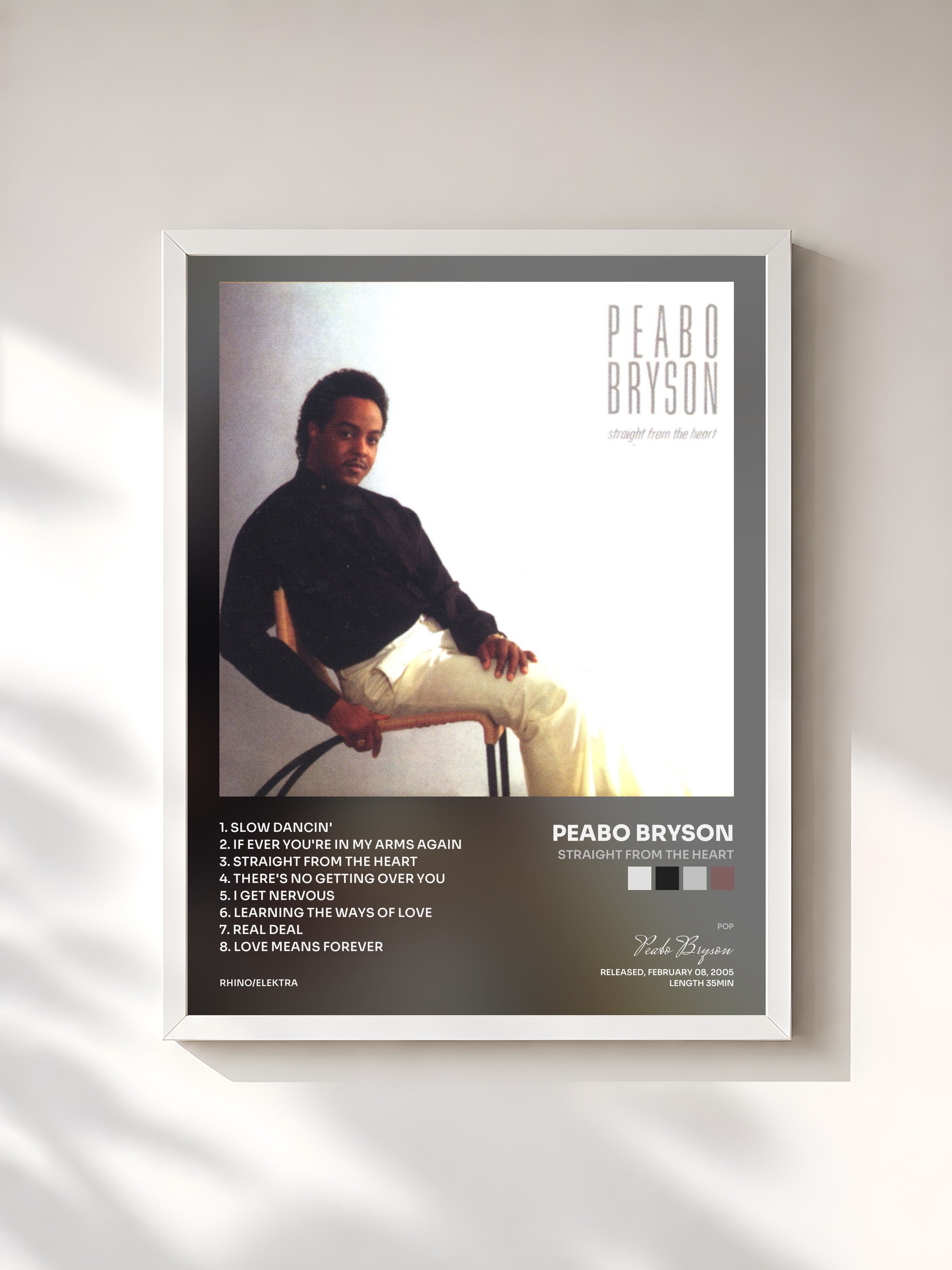 #blanc Tableau de l'album Straight From The Heart de Peabo Bryson, cadre blanc, imprimé et encadré en France