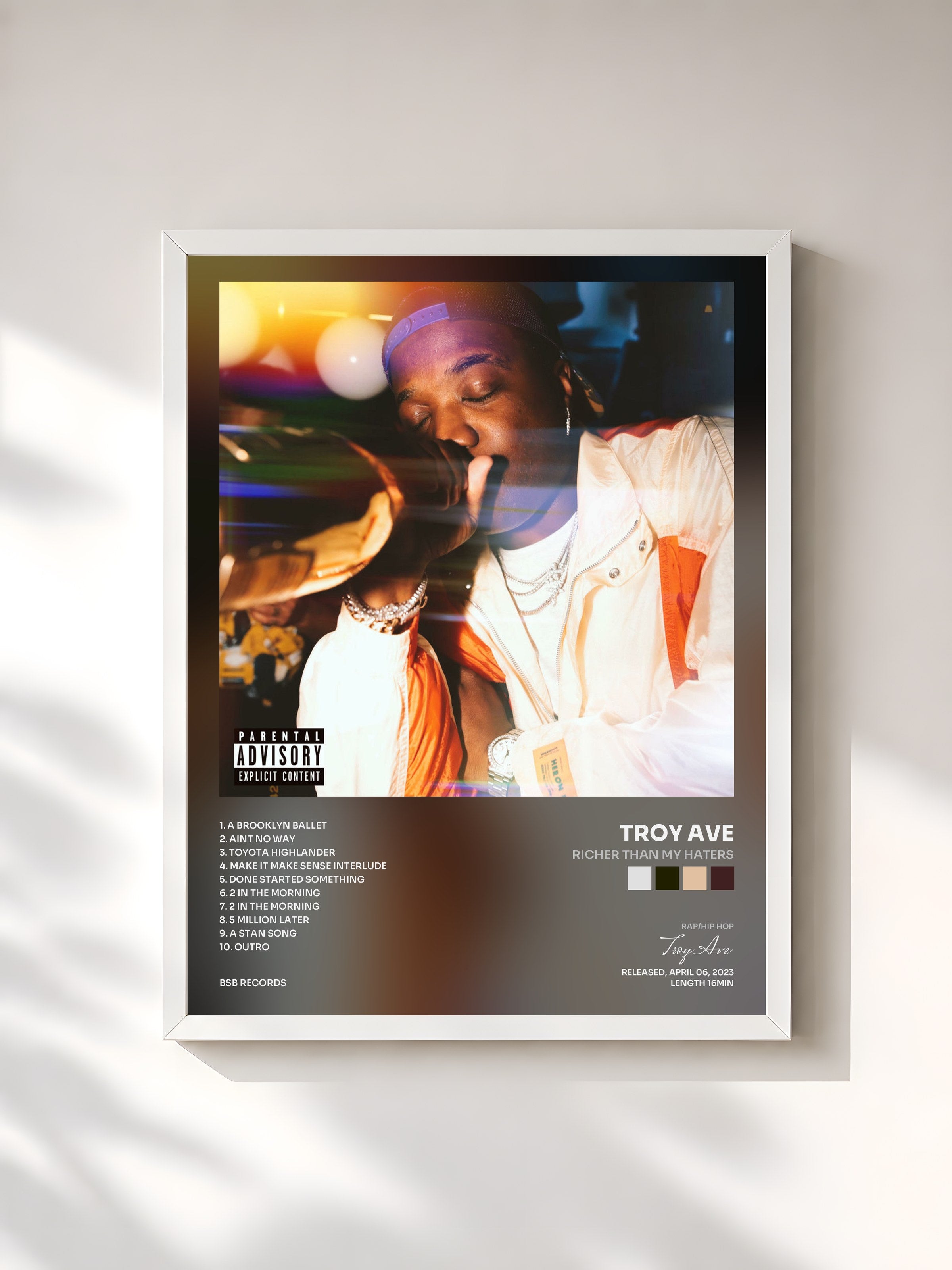 #blanc Tableau de l'album Richer Than My Haters de Troy Ave, cadre blanc, imprimé et encadré en France