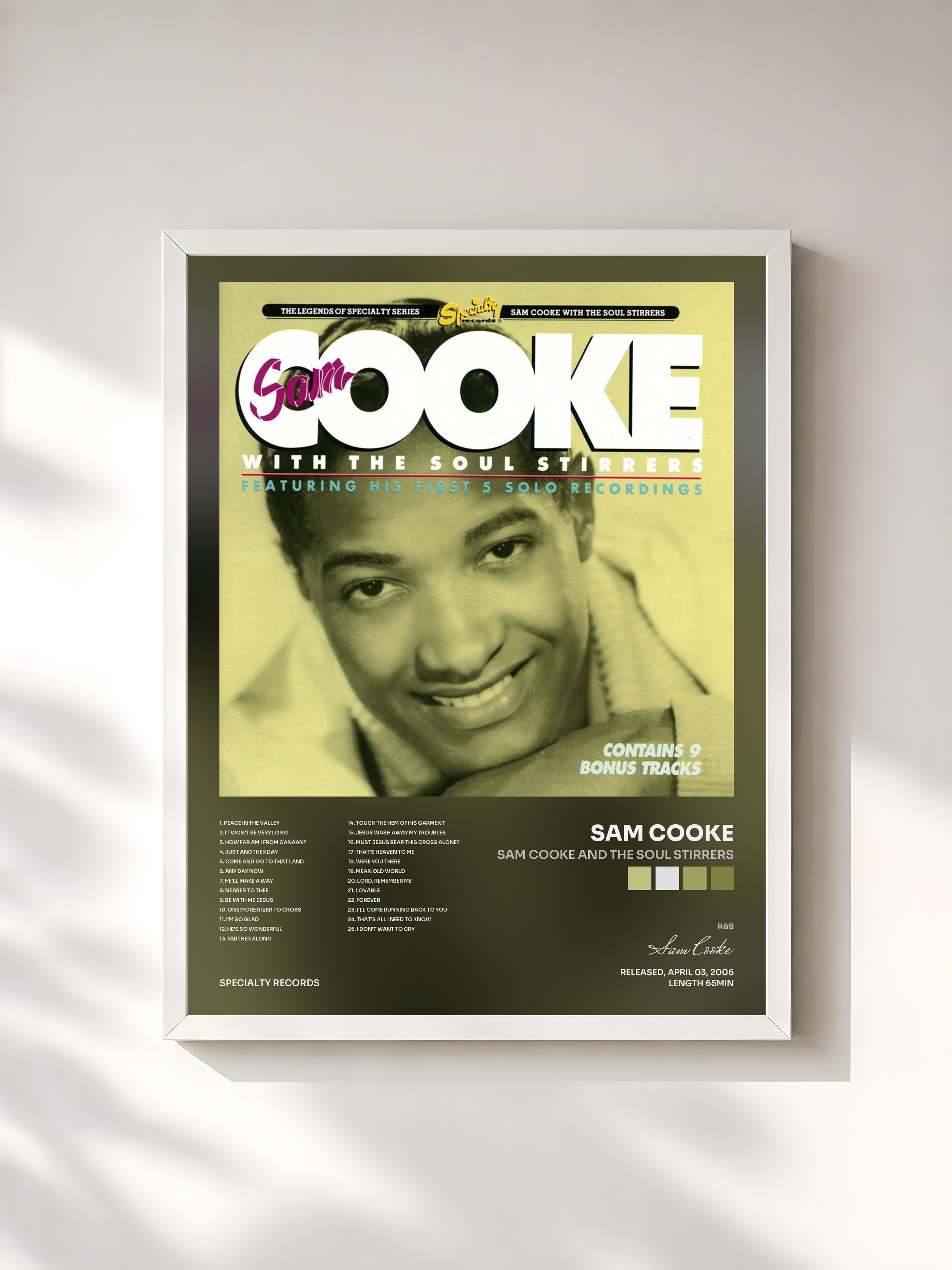 #blanc Tableau de l'album Sam Cooke And The Soul Stirrers de Sam Cooke, cadre blanc, imprimé et encadré en France