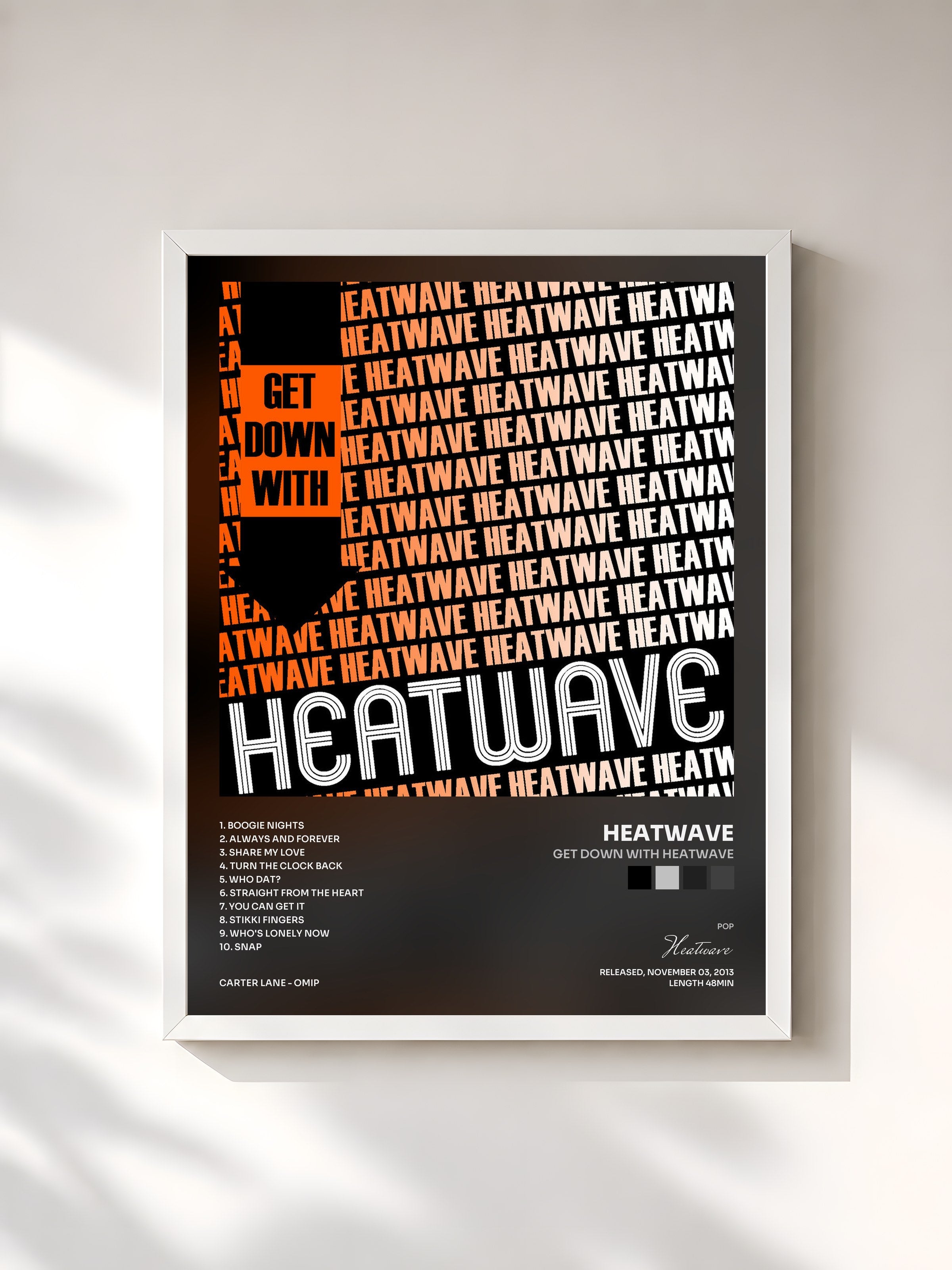 #blanc Tableau de l'album Get Down with Heatwave de Heatwave, cadre blanc, imprimé et encadré en France