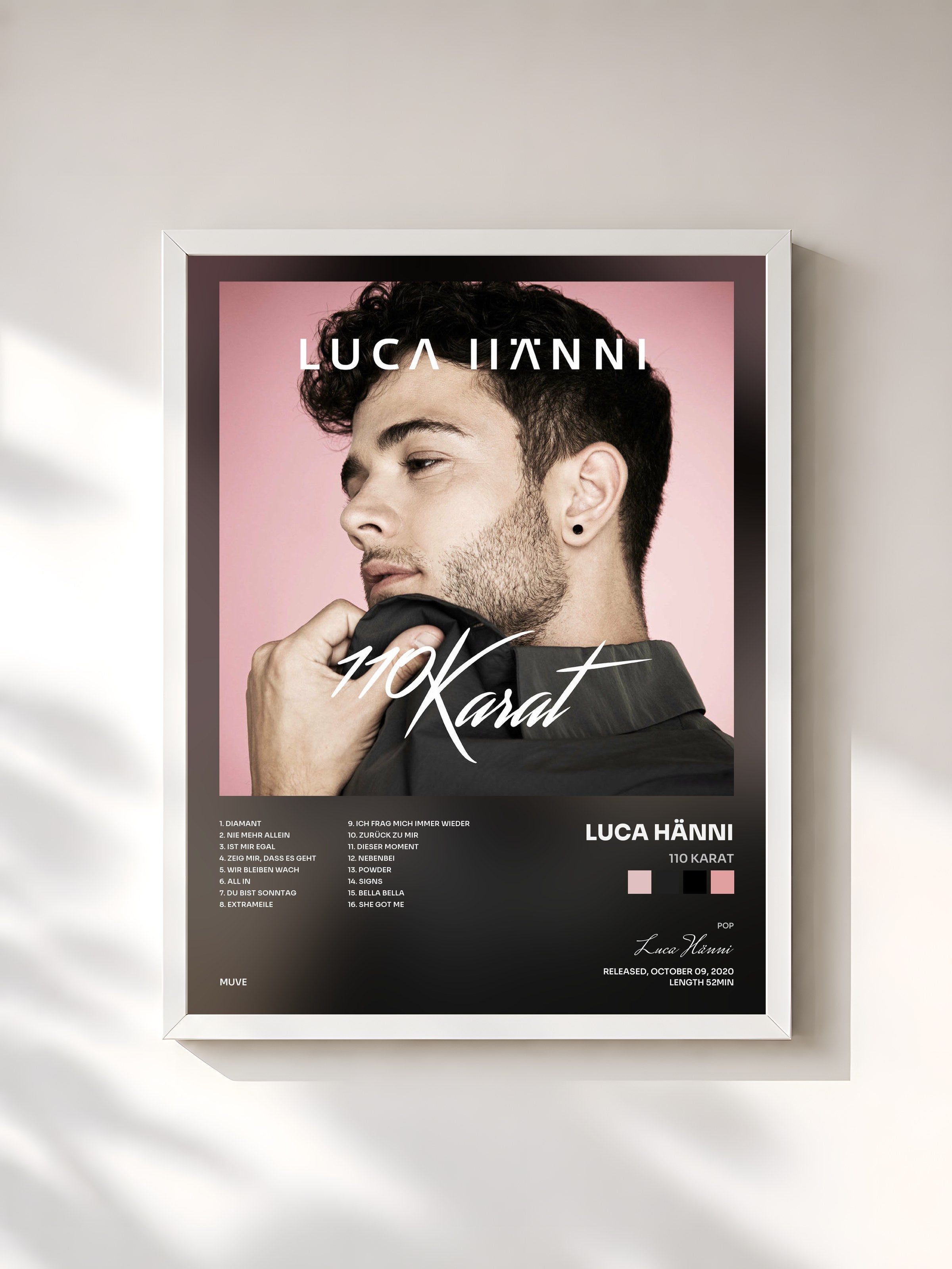 #blanc Tableau de l'album 110 Karat de Luca Hänni, cadre blanc, imprimé et encadré en France