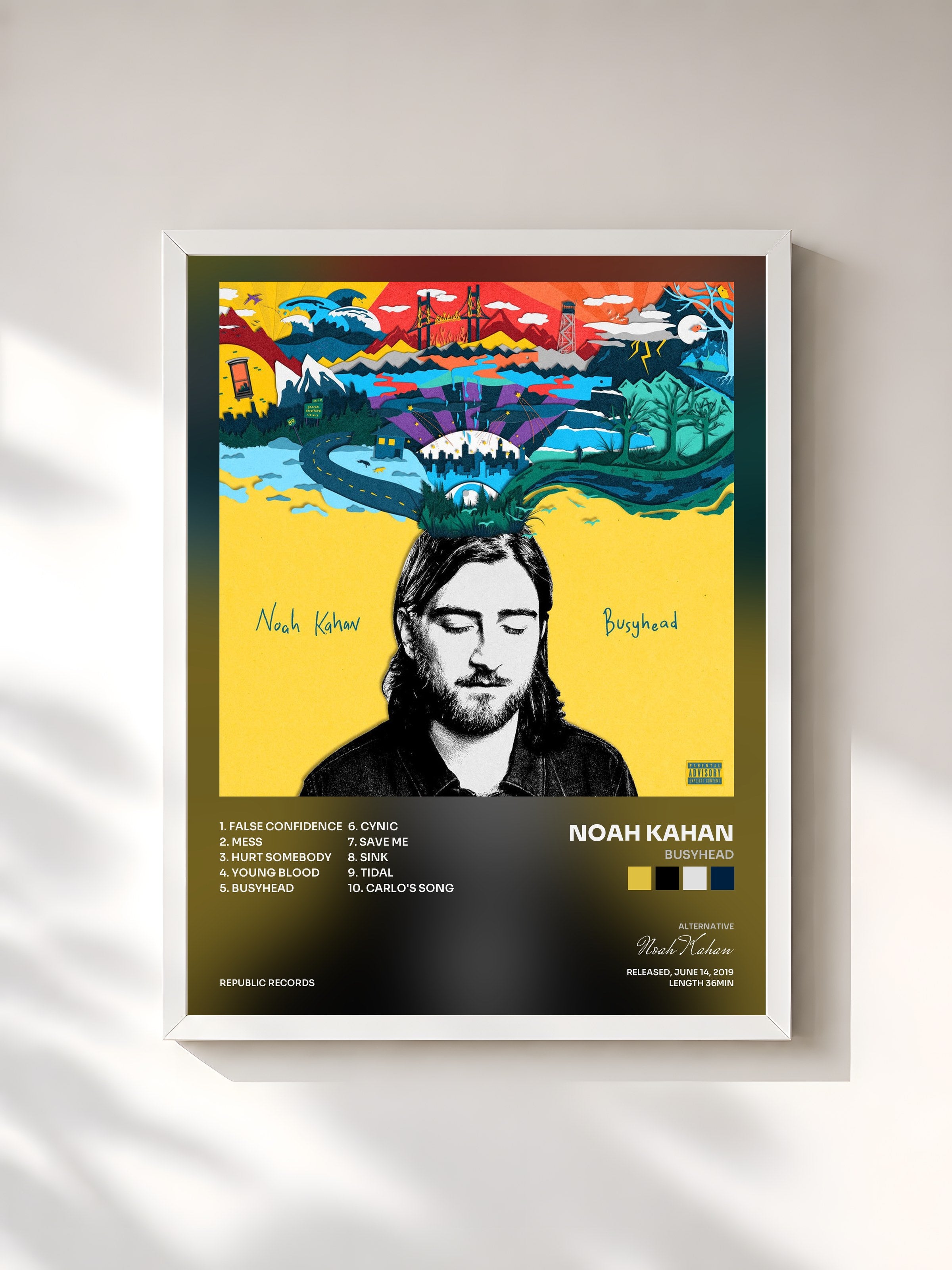 #blanc Tableau de l'album Busyhead de Noah Kahan, cadre blanc, imprimé et encadré en France