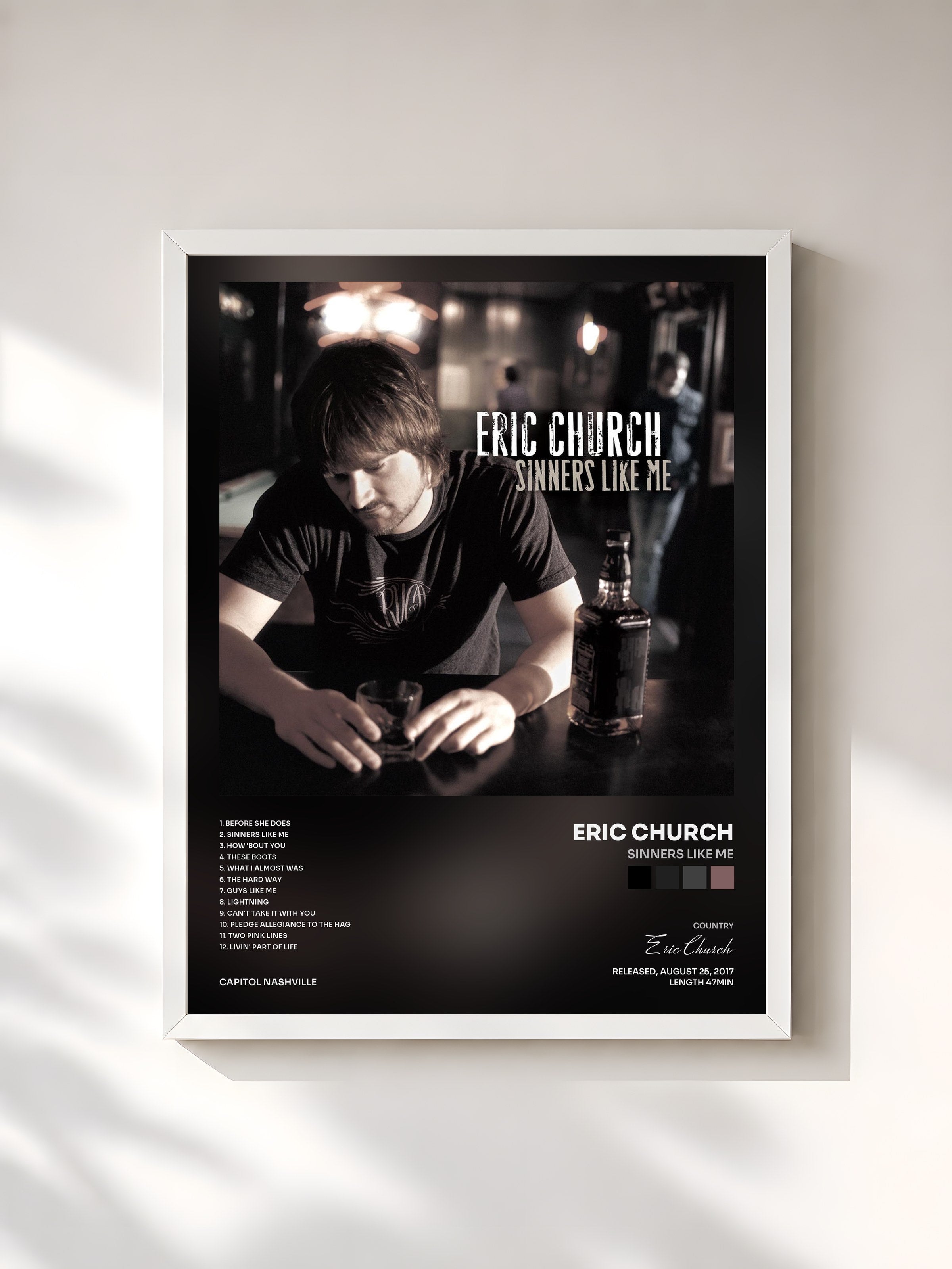 #blanc Tableau de l'album Sinners Like Me de Eric Church, cadre blanc, imprimé et encadré en France