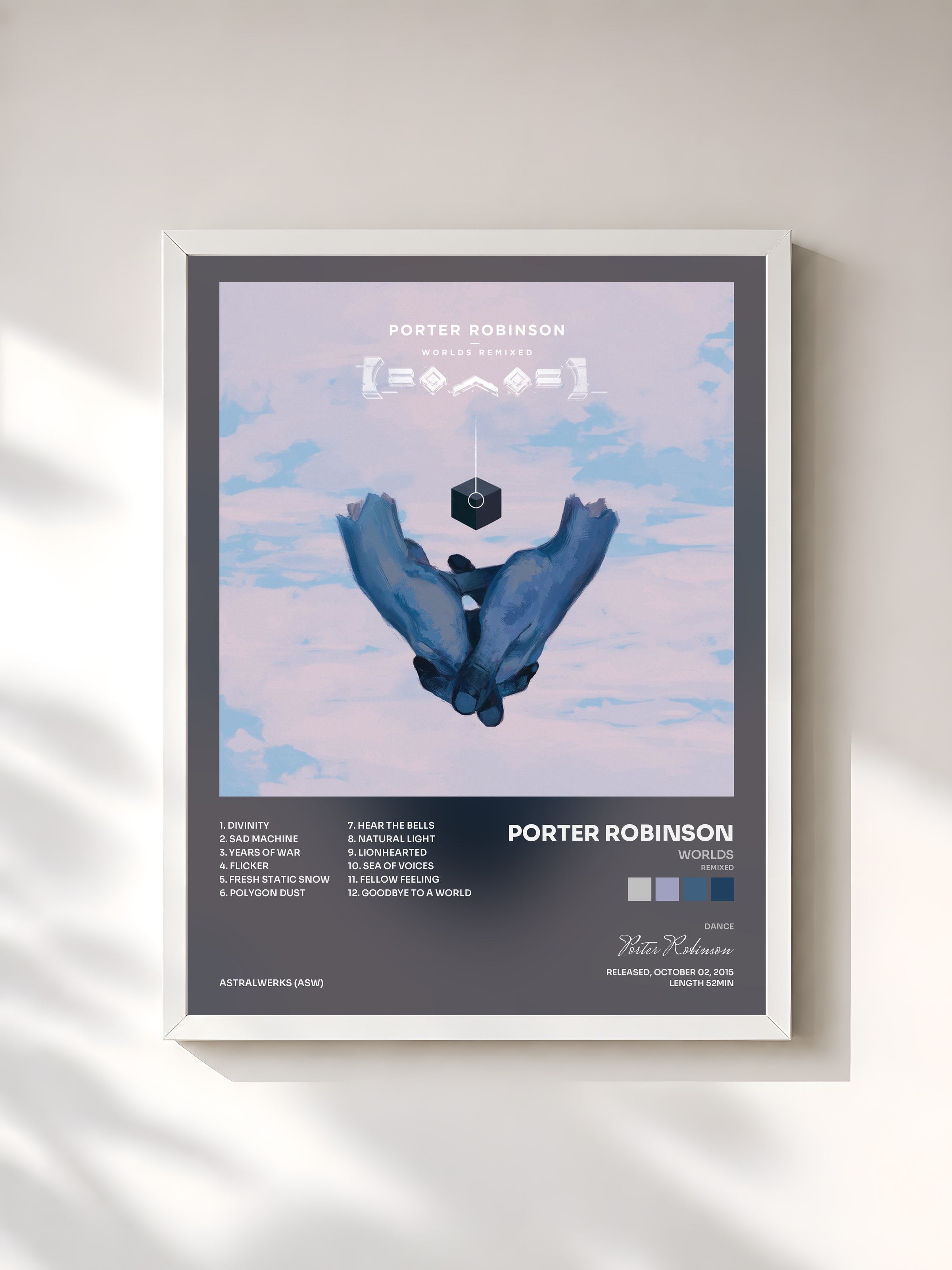 #blanc Tableau de l'album Worlds (Remixed) de Porter Robinson, cadre blanc, imprimé et encadré en France