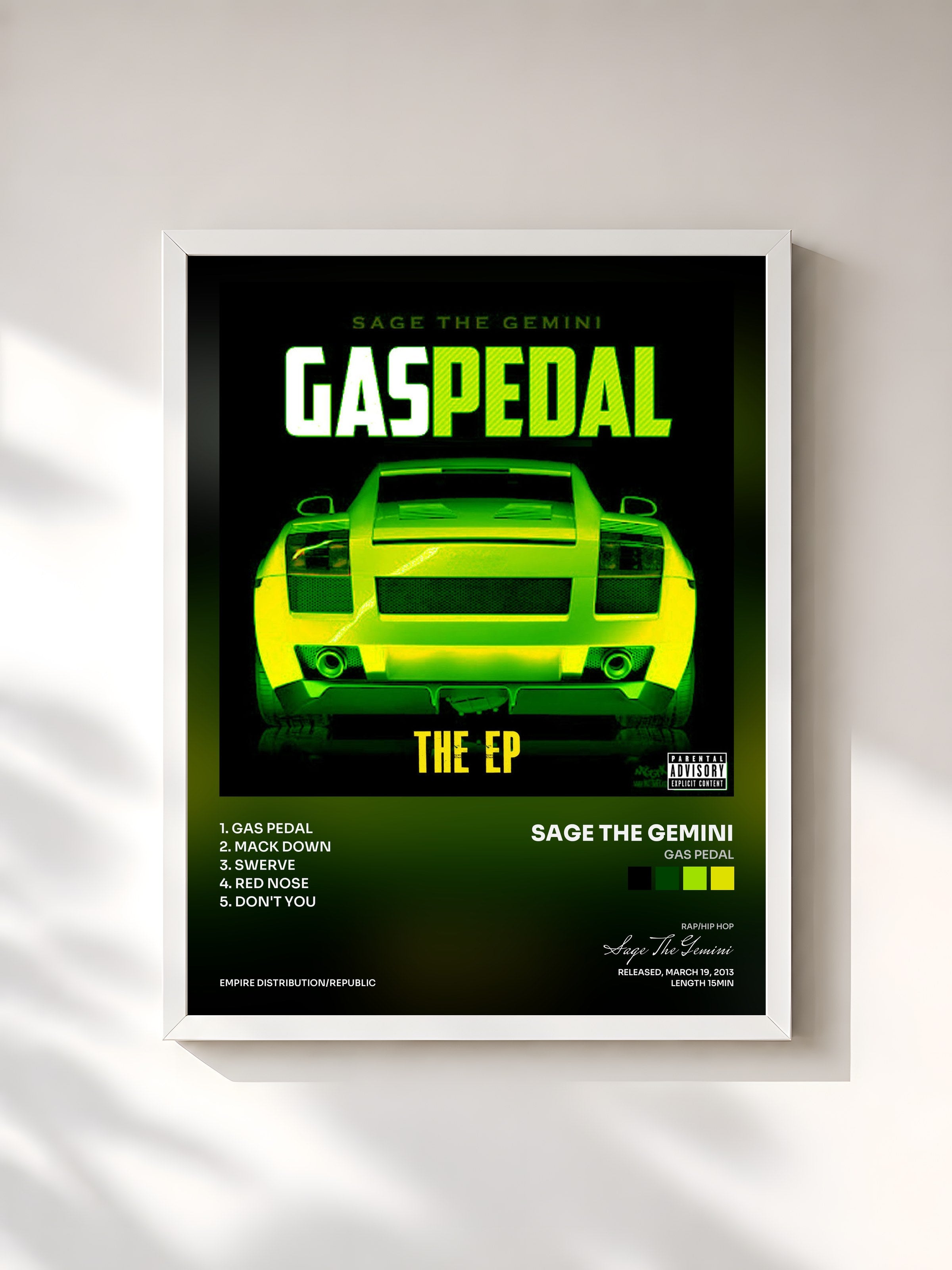 #blanc Tableau de l'album Gas Pedal de Sage The Gemini, cadre blanc, imprimé et encadré en France