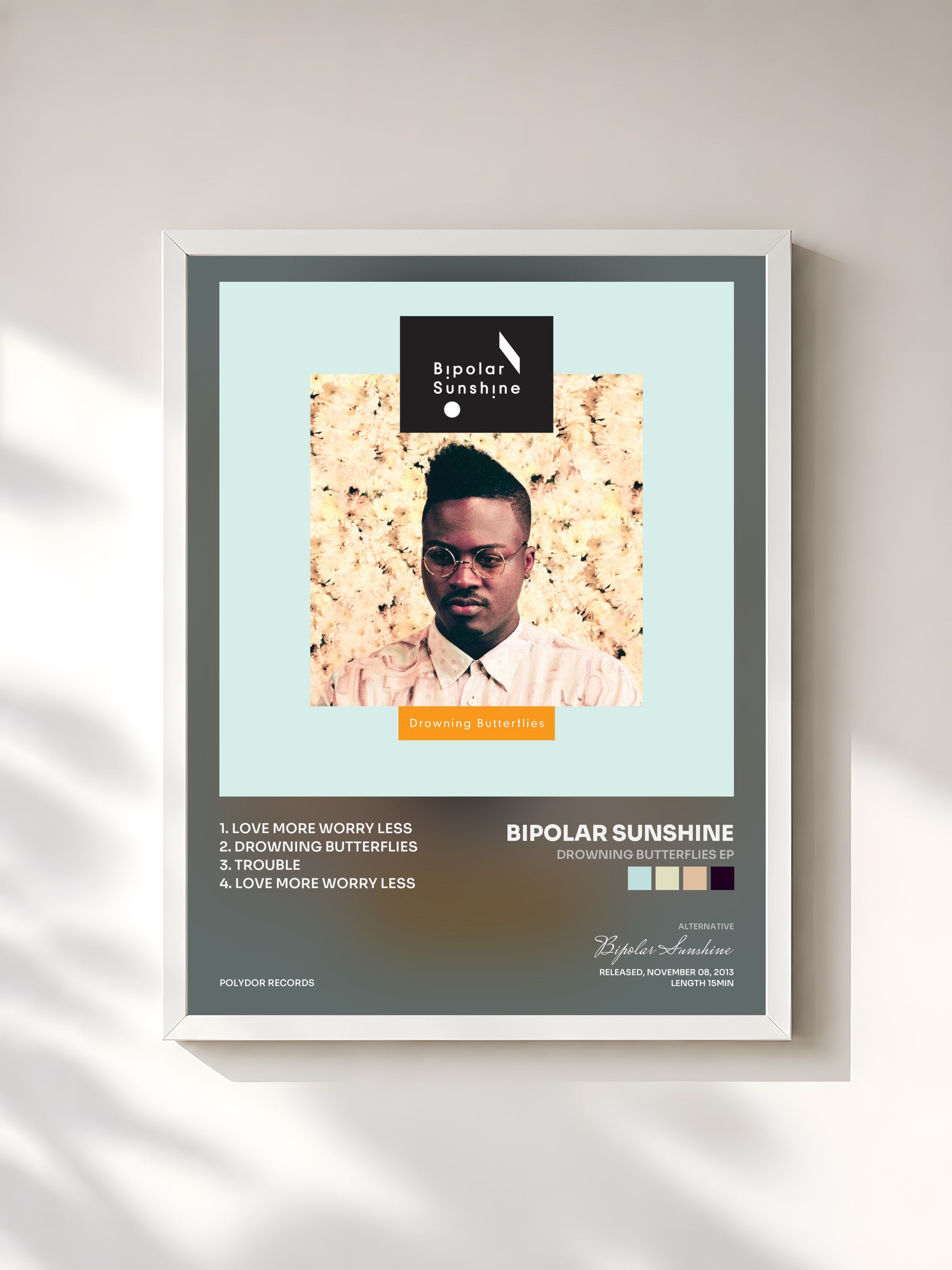#blanc Tableau de l'album Drowning Butterflies EP de Bipolar Sunshine, cadre blanc, imprimé et encadré en France