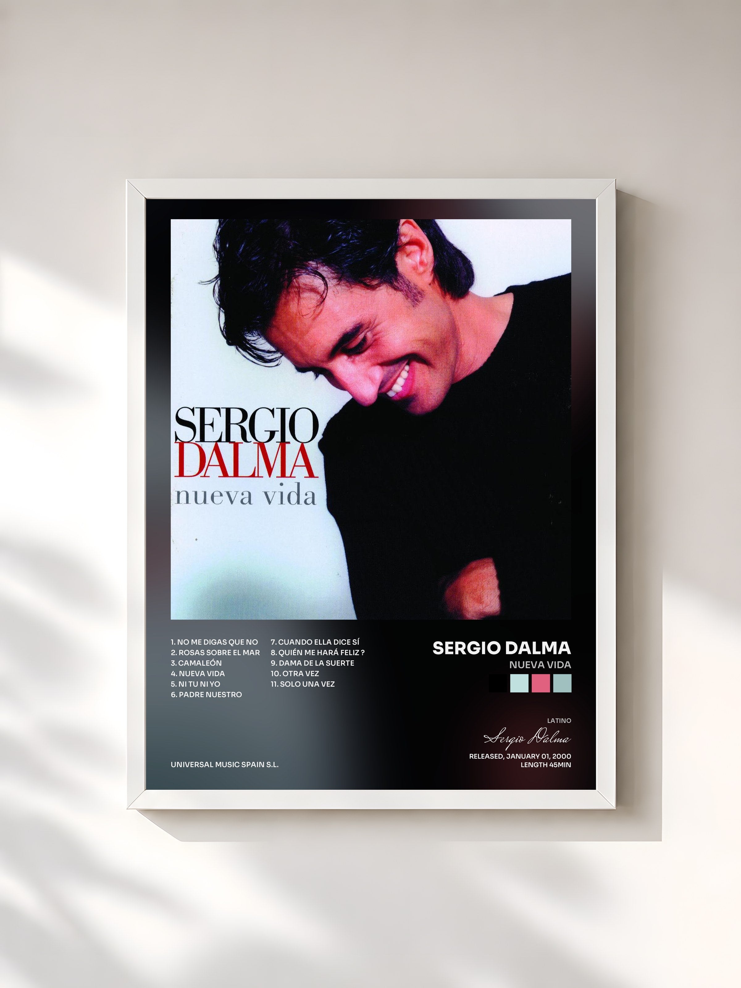 #blanc Tableau de l'album Nueva Vida de Sergio Dalma, cadre blanc, imprimé et encadré en France