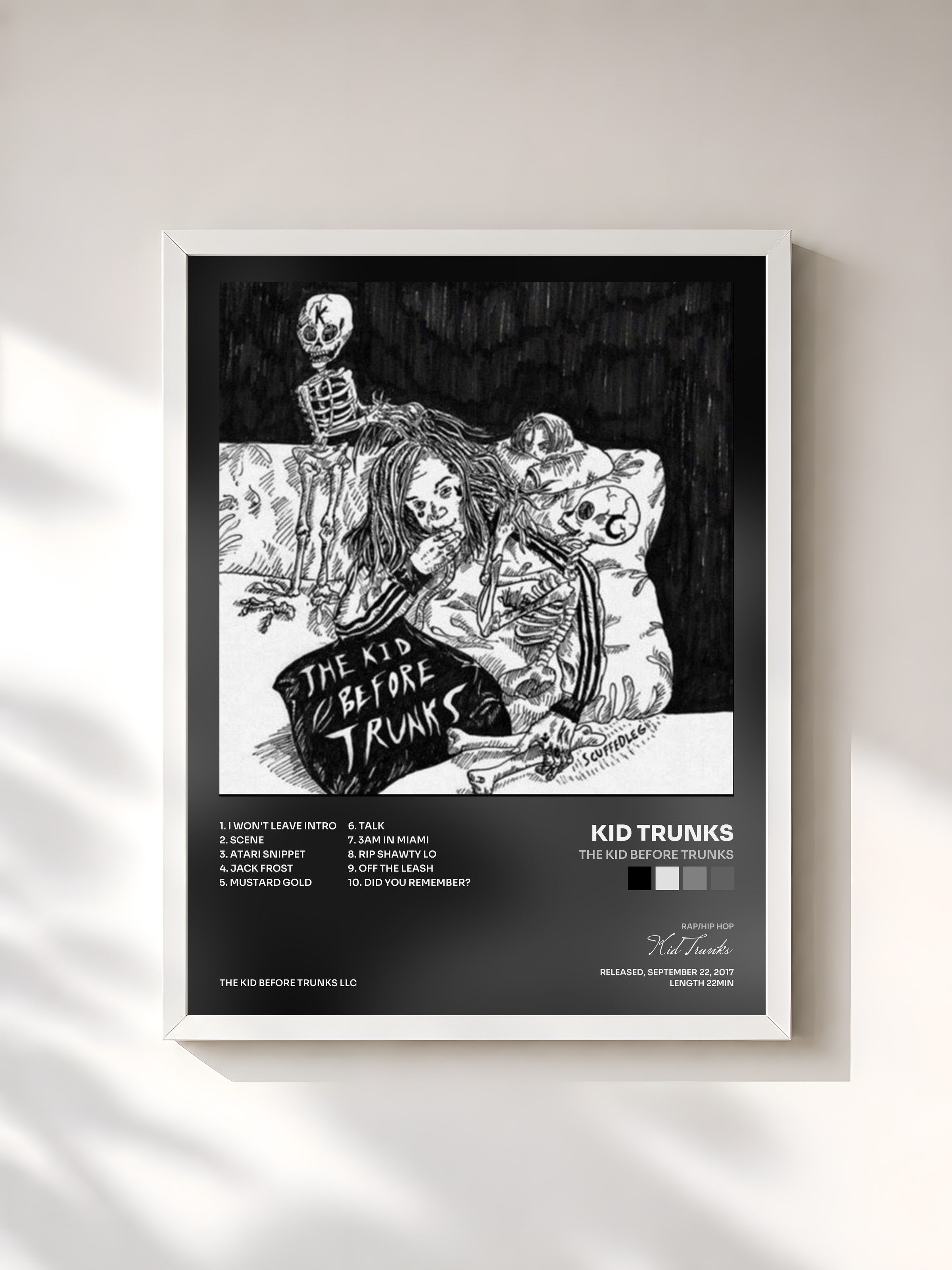 #blanc Tableau de l'album The Kid Before Trunks de Kid Trunks, cadre blanc, imprimé et encadré en France