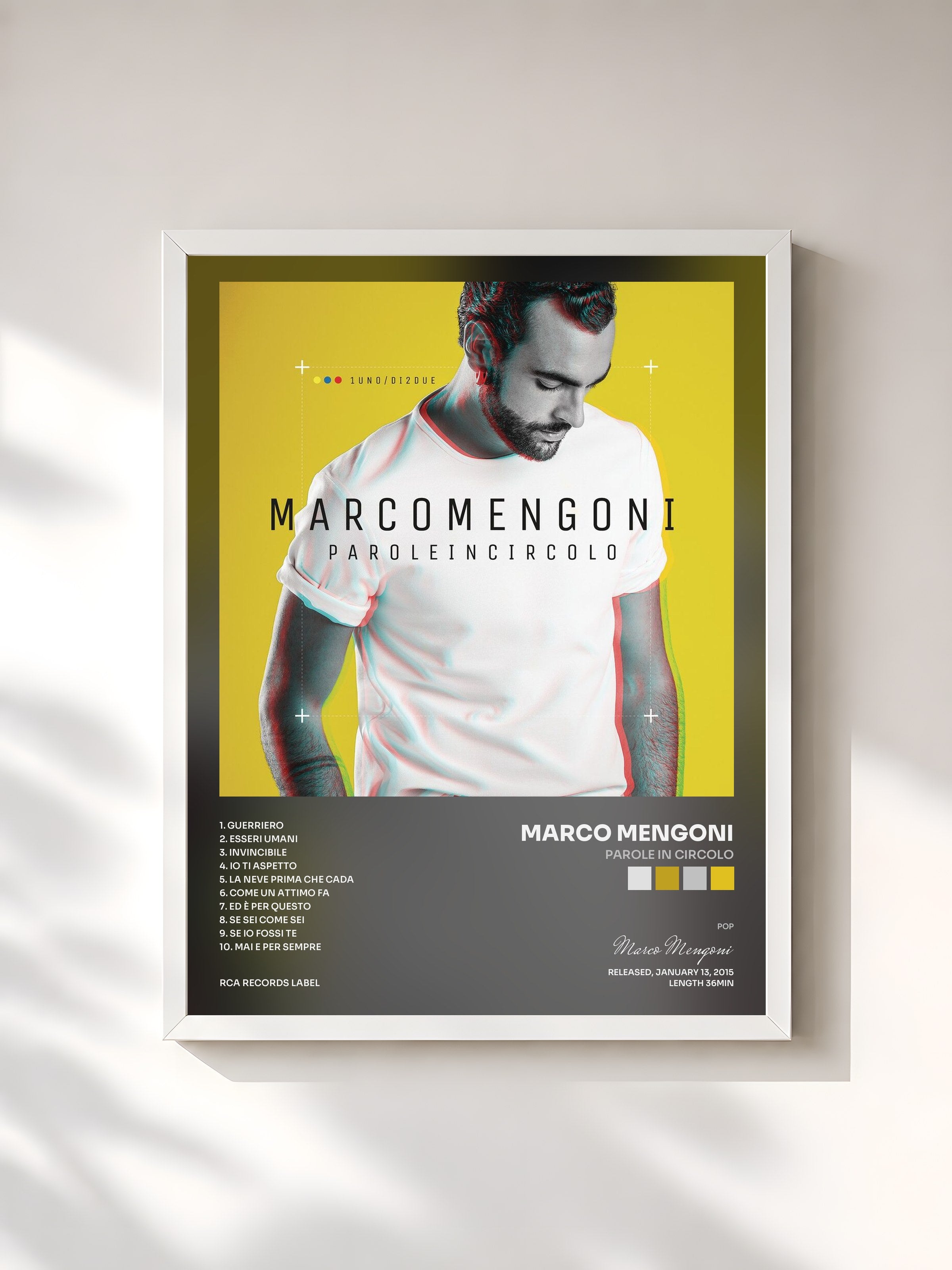 #blanc Tableau de l'album Parole in circolo de Marco Mengoni, cadre blanc, imprimé et encadré en France