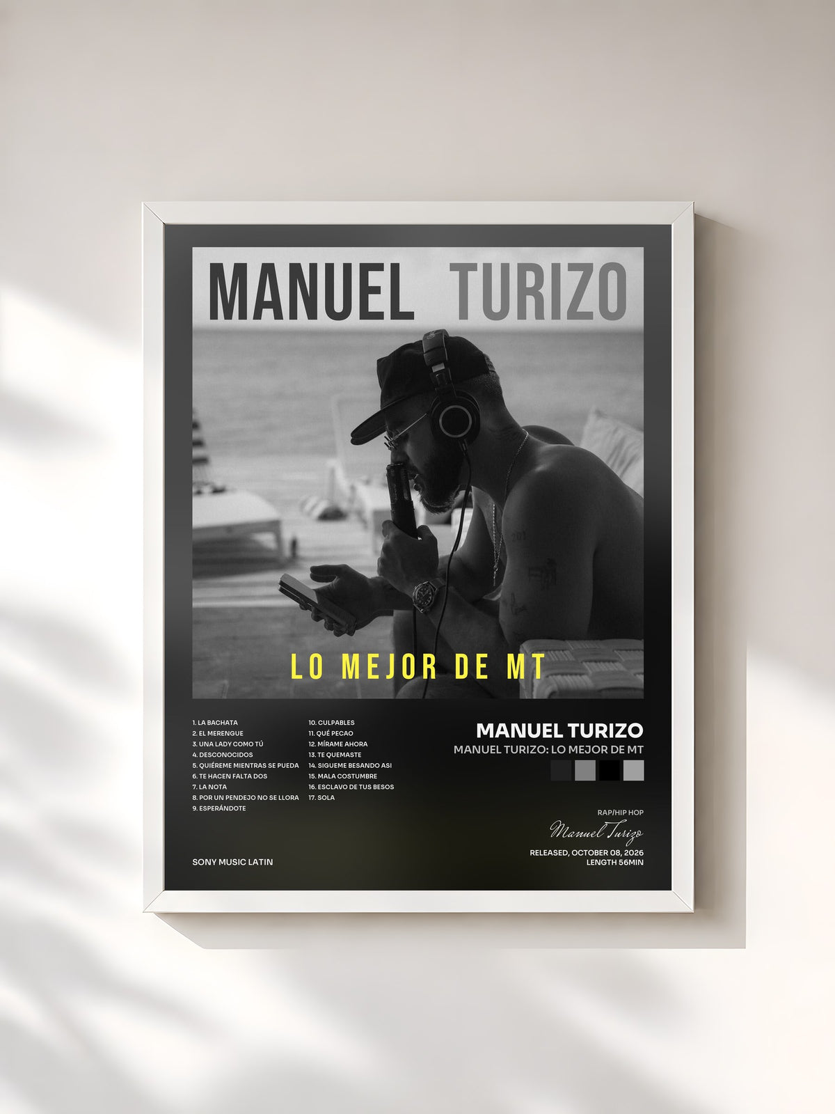 #blanc Tableau de l'album Manuel Turizo: Lo Mejor de MT de Manuel Turizo, cadre blanc, imprimé et encadré en France