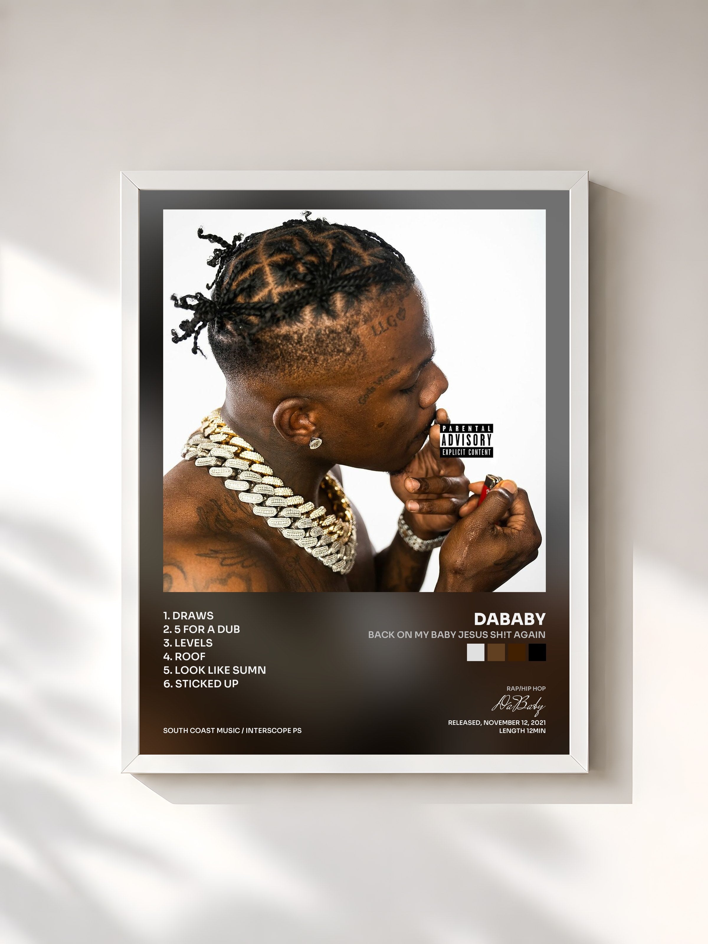 #blanc Tableau de l'album Back On My Baby Jesus Sh!t AGAIN de DaBaby, cadre blanc, imprimé et encadré en France