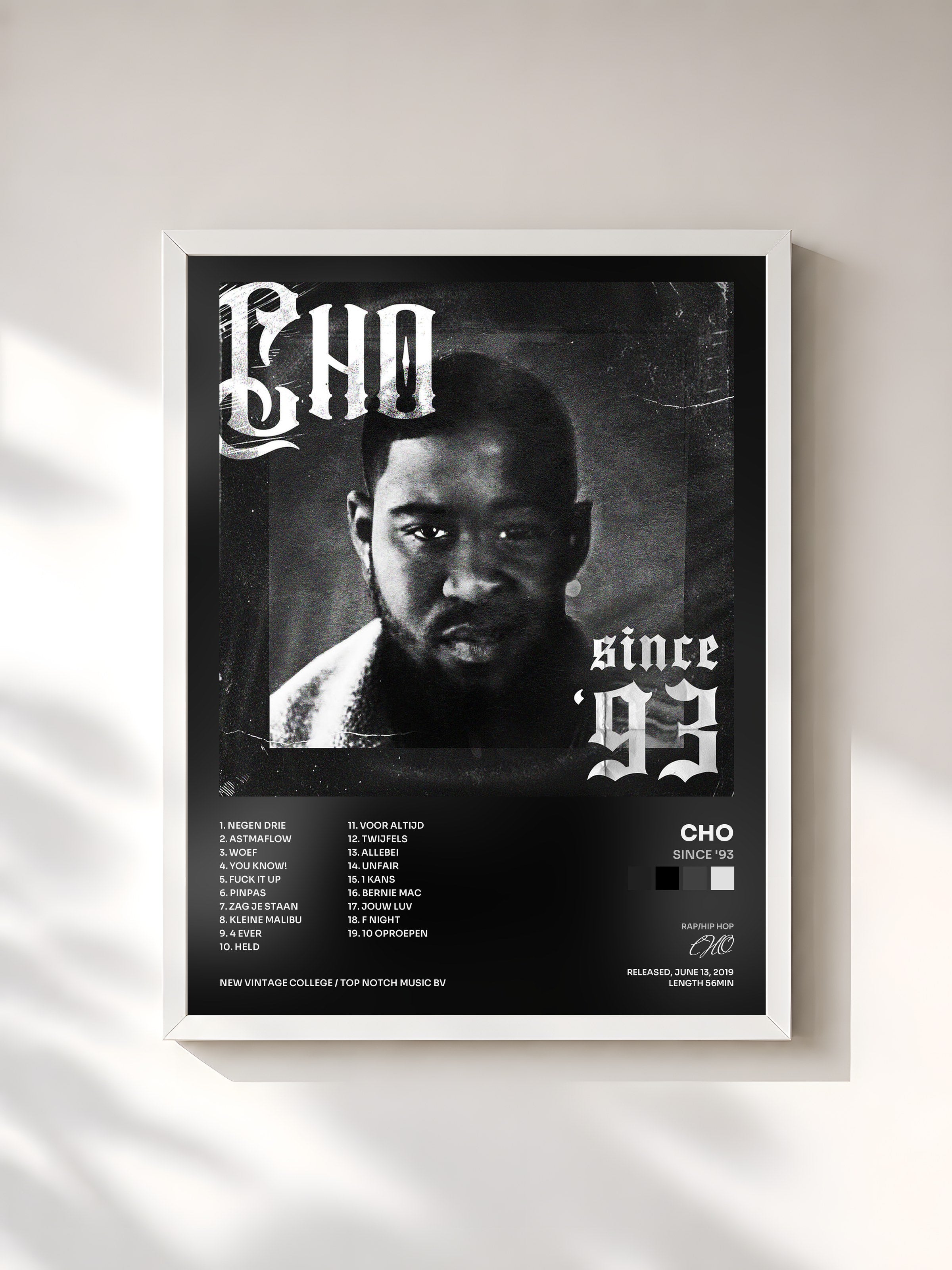 #blanc Tableau de l'album SINCE '93 de CHO, cadre blanc, imprimé et encadré en France