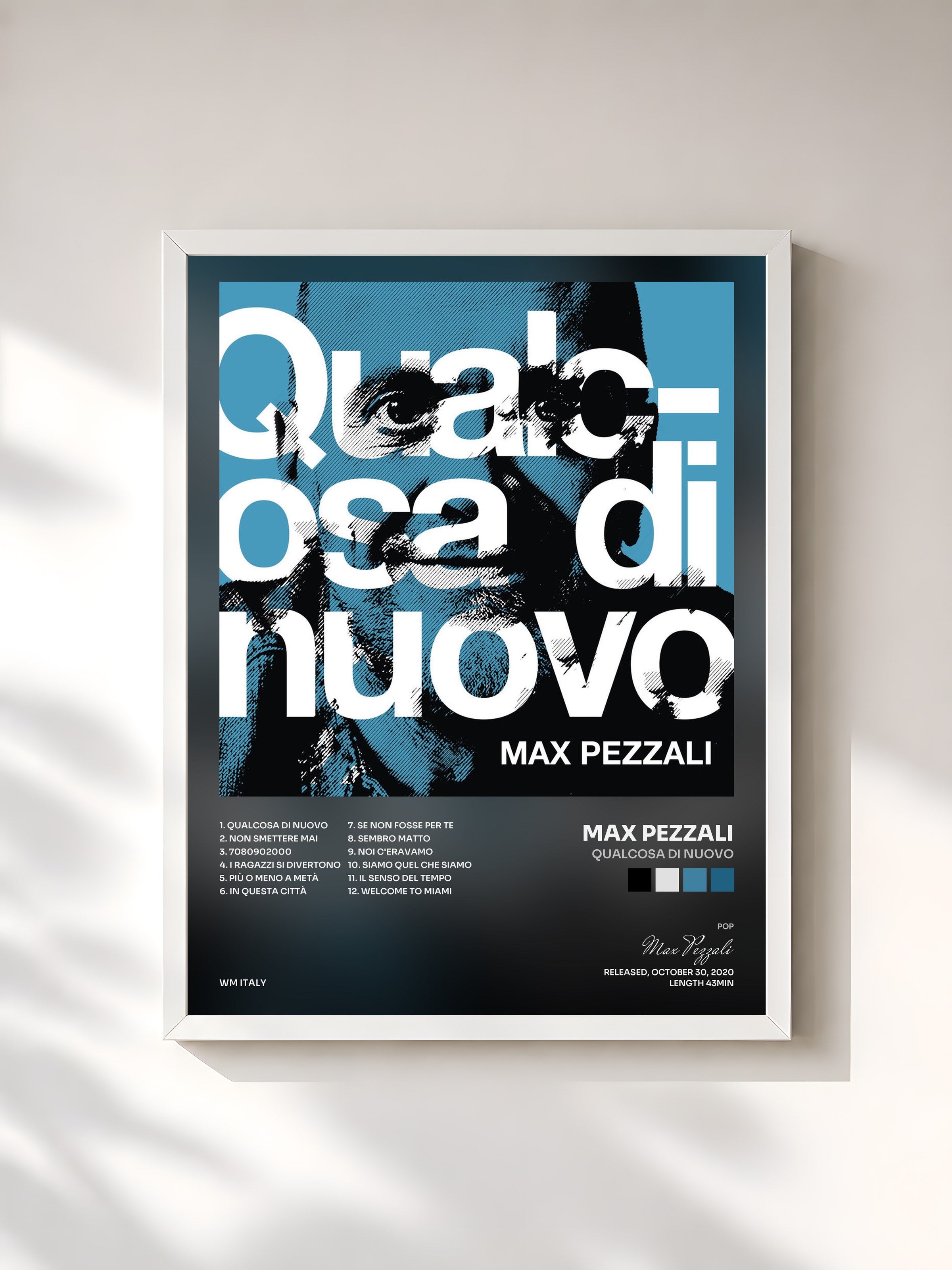 #blanc Tableau de l'album Qualcosa di nuovo de Max Pezzali, cadre blanc, imprimé et encadré en France
