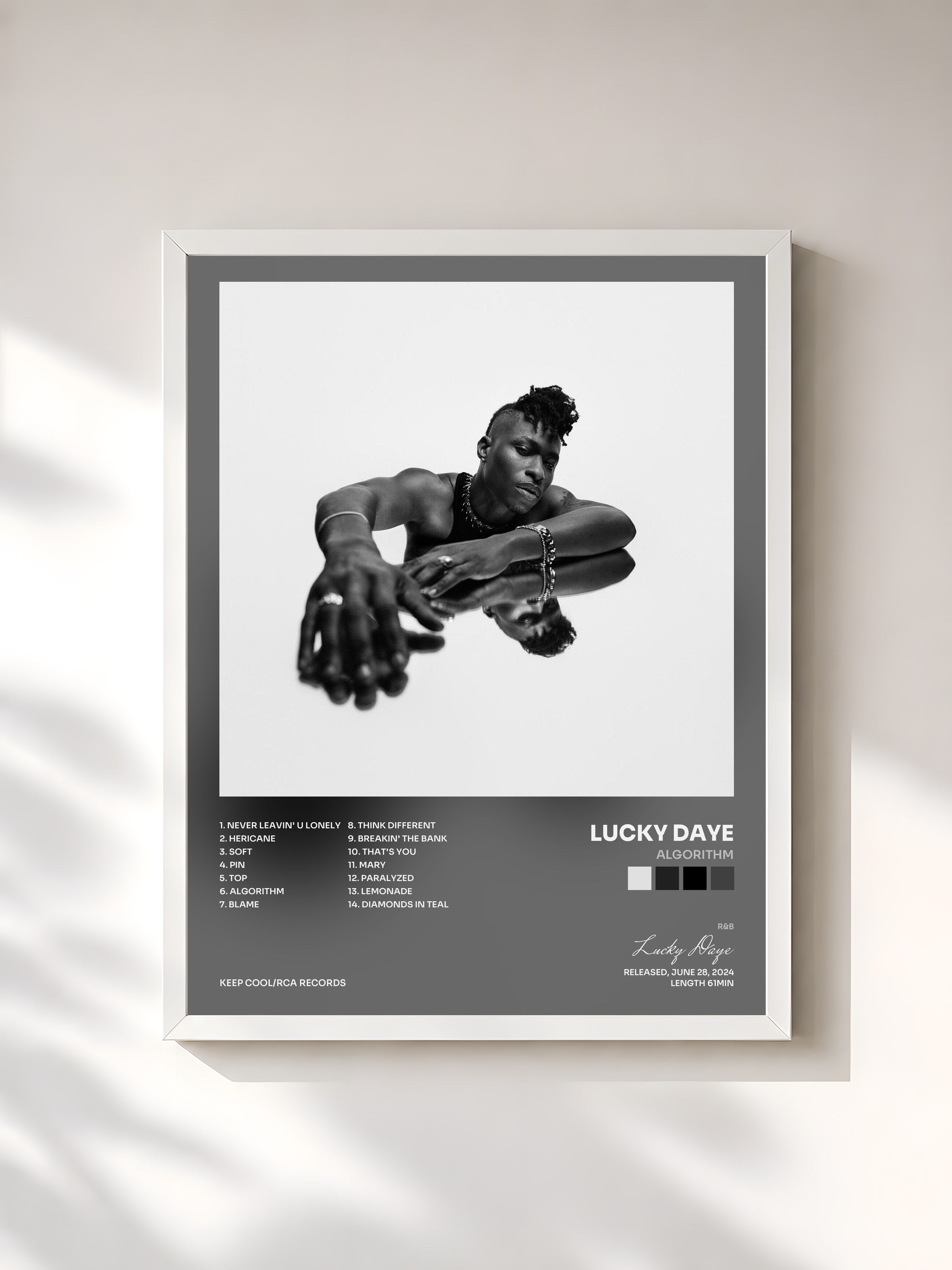 #blanc Tableau de l'album Algorithm de Lucky Daye, cadre blanc, imprimé et encadré en France
