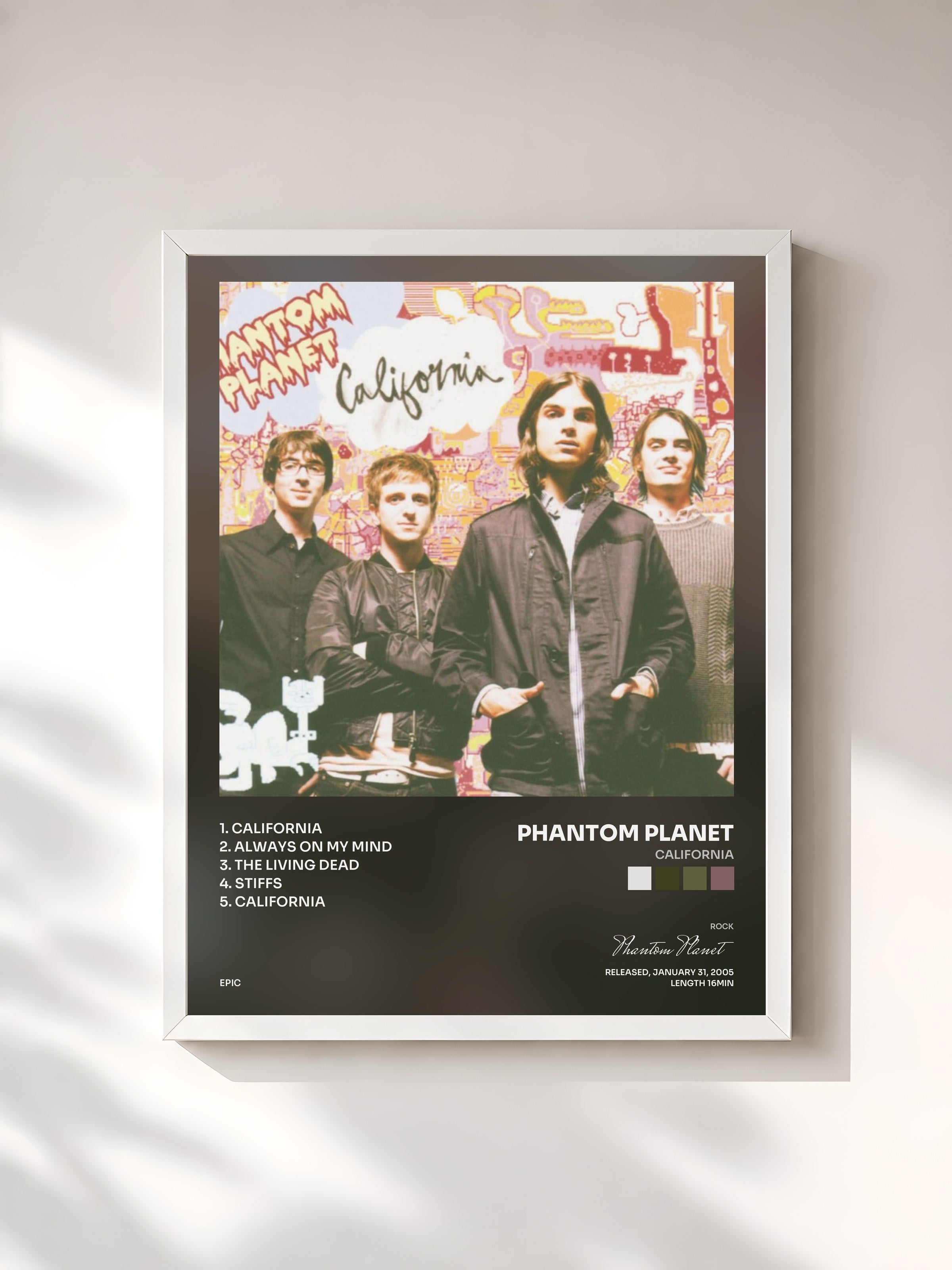 #blanc Tableau de l'album California de Phantom Planet, cadre blanc, imprimé et encadré en France