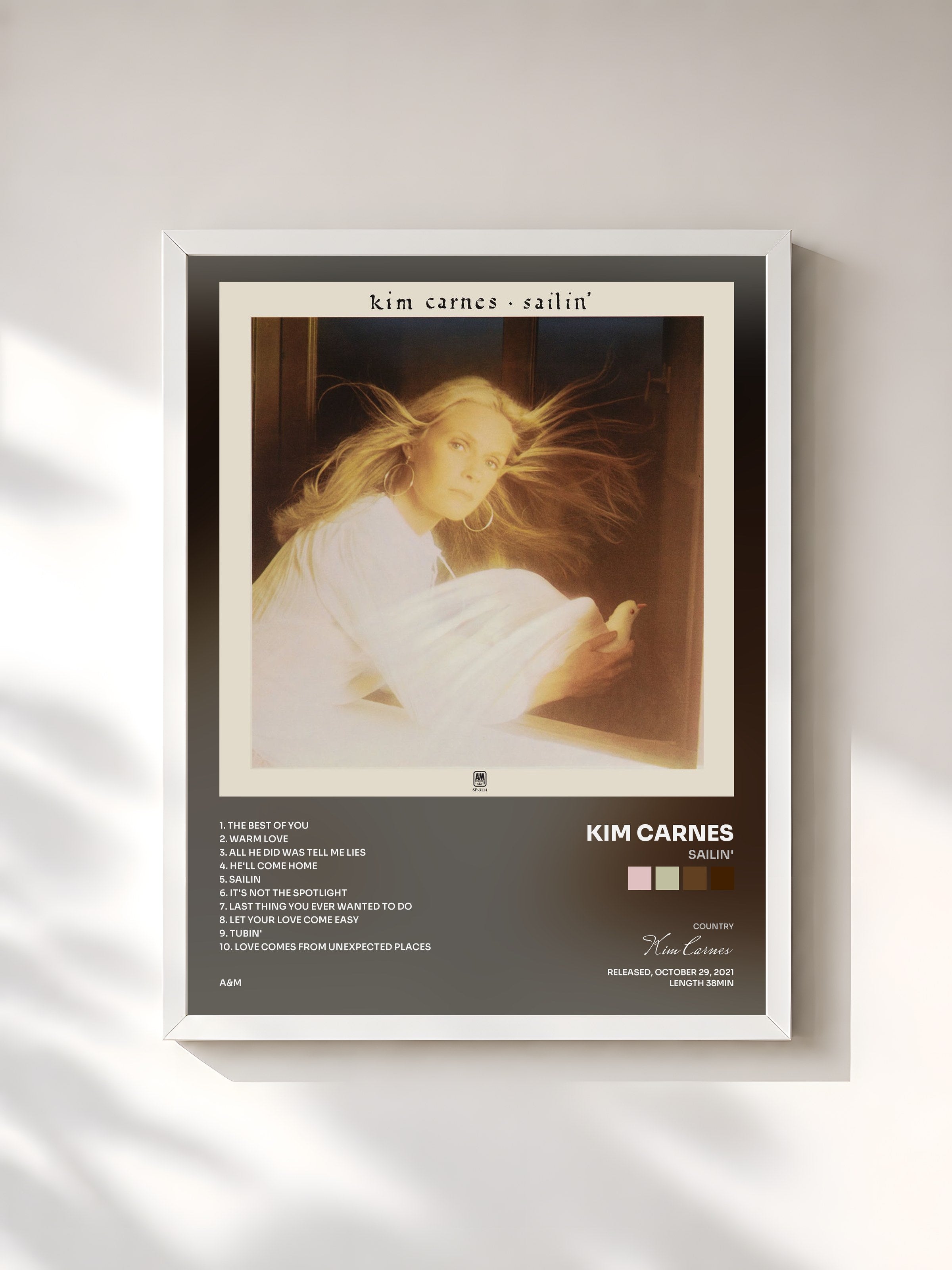 #blanc Tableau de l'album Sailin' de Kim Carnes, cadre blanc, imprimé et encadré en France