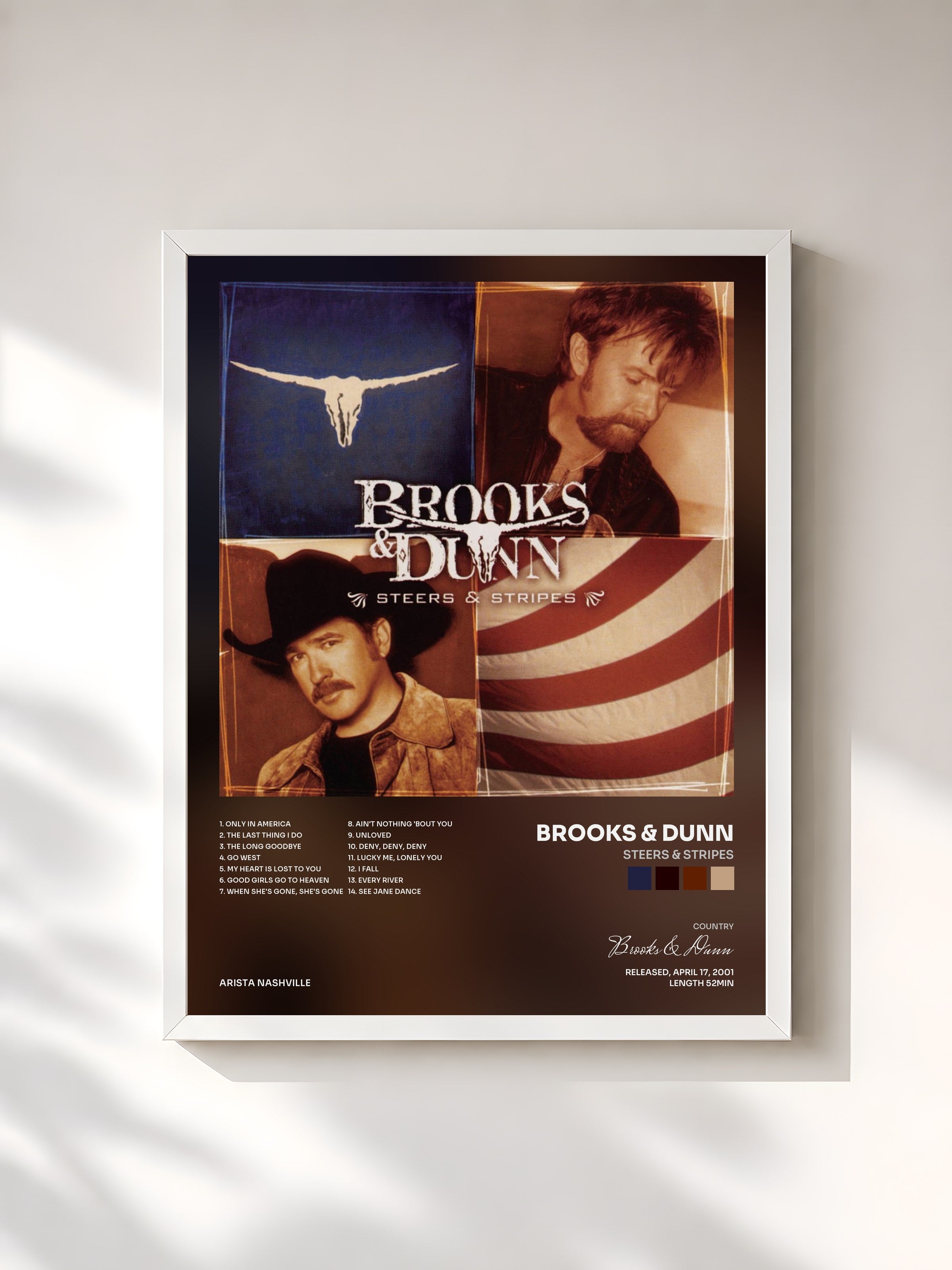 #blanc Tableau de l'album Steers & Stripes de Brooks & Dunn, cadre blanc, imprimé et encadré en France