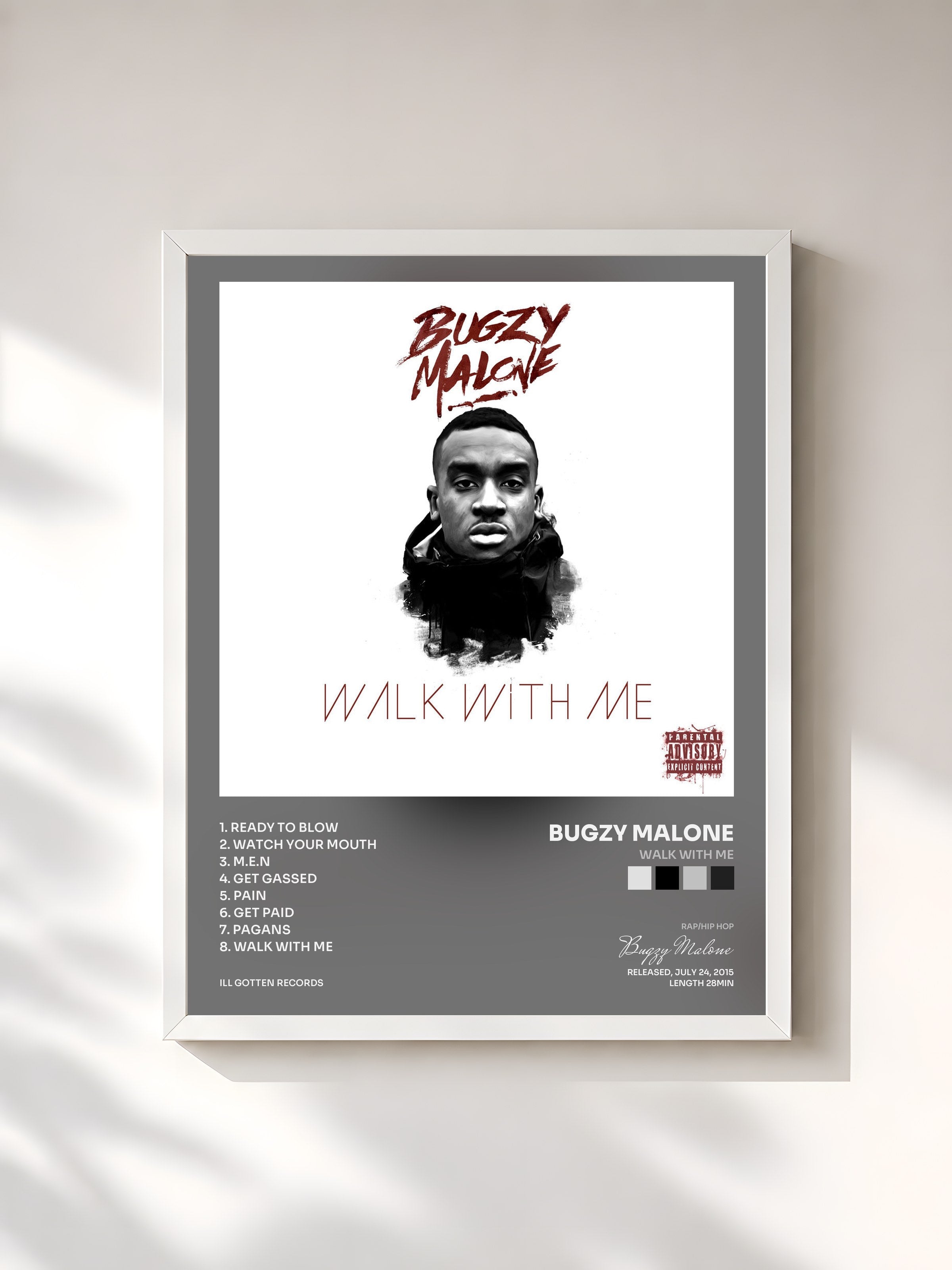 #blanc Tableau de l'album Walk With Me de Bugzy Malone, cadre blanc, imprimé et encadré en France