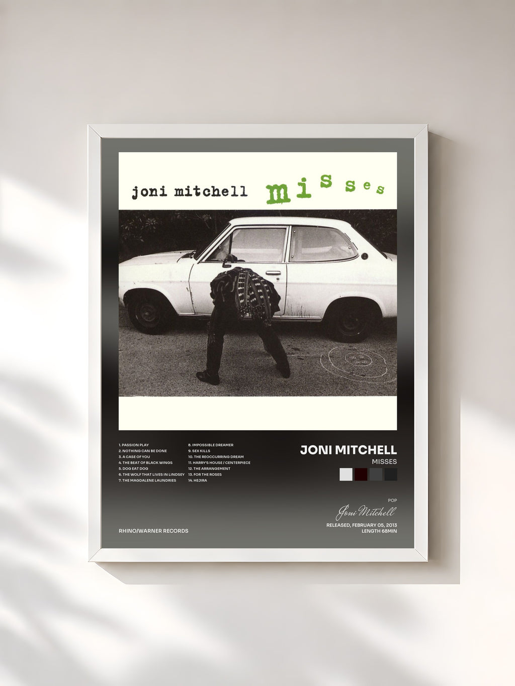 #blanc Tableau de l'album Misses de Joni Mitchell, cadre blanc, imprimé et encadré en France