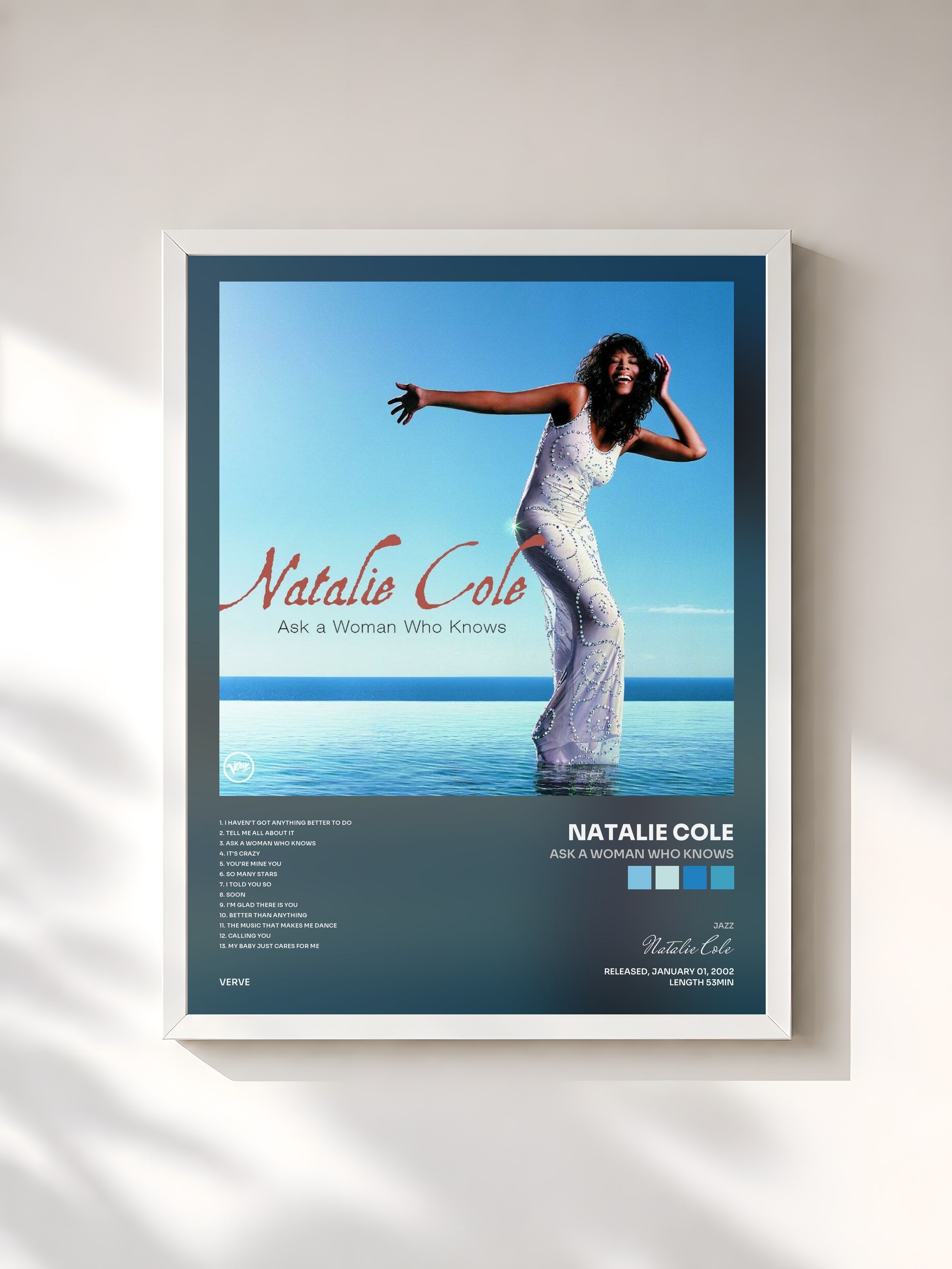 #blanc Tableau de l'album Ask A Woman Who Knows de Natalie Cole, cadre blanc, imprimé et encadré en France