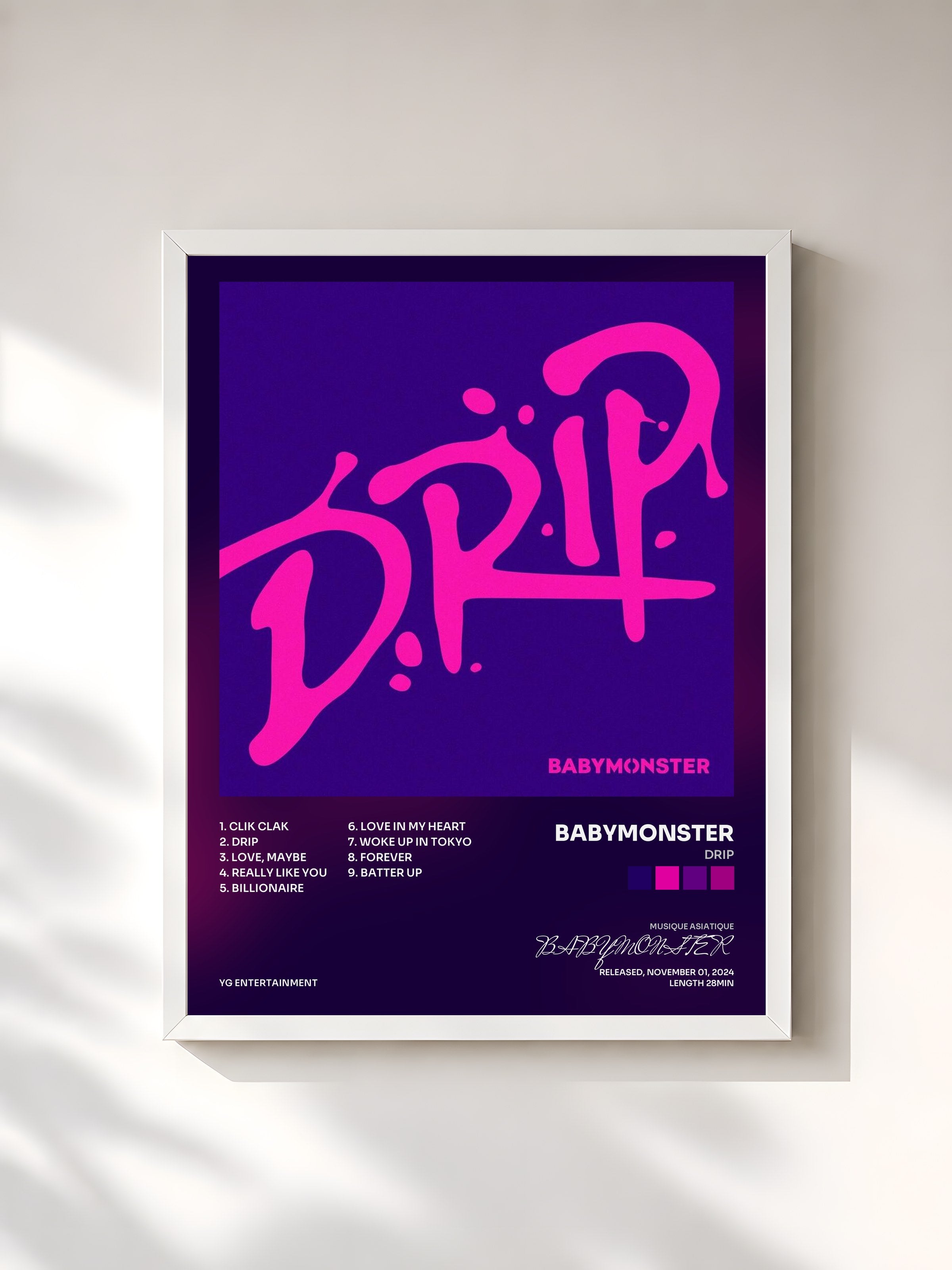 #blanc Tableau de l'album DRIP de BABYMONSTER, cadre blanc, imprimé et encadré en France