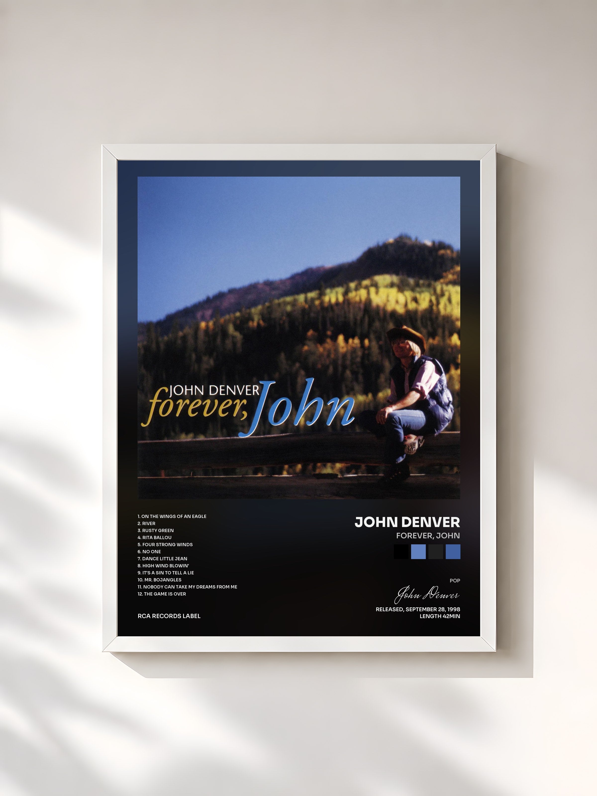 #blanc Tableau de l'album Forever, John de John Denver, cadre blanc, imprimé et encadré en France