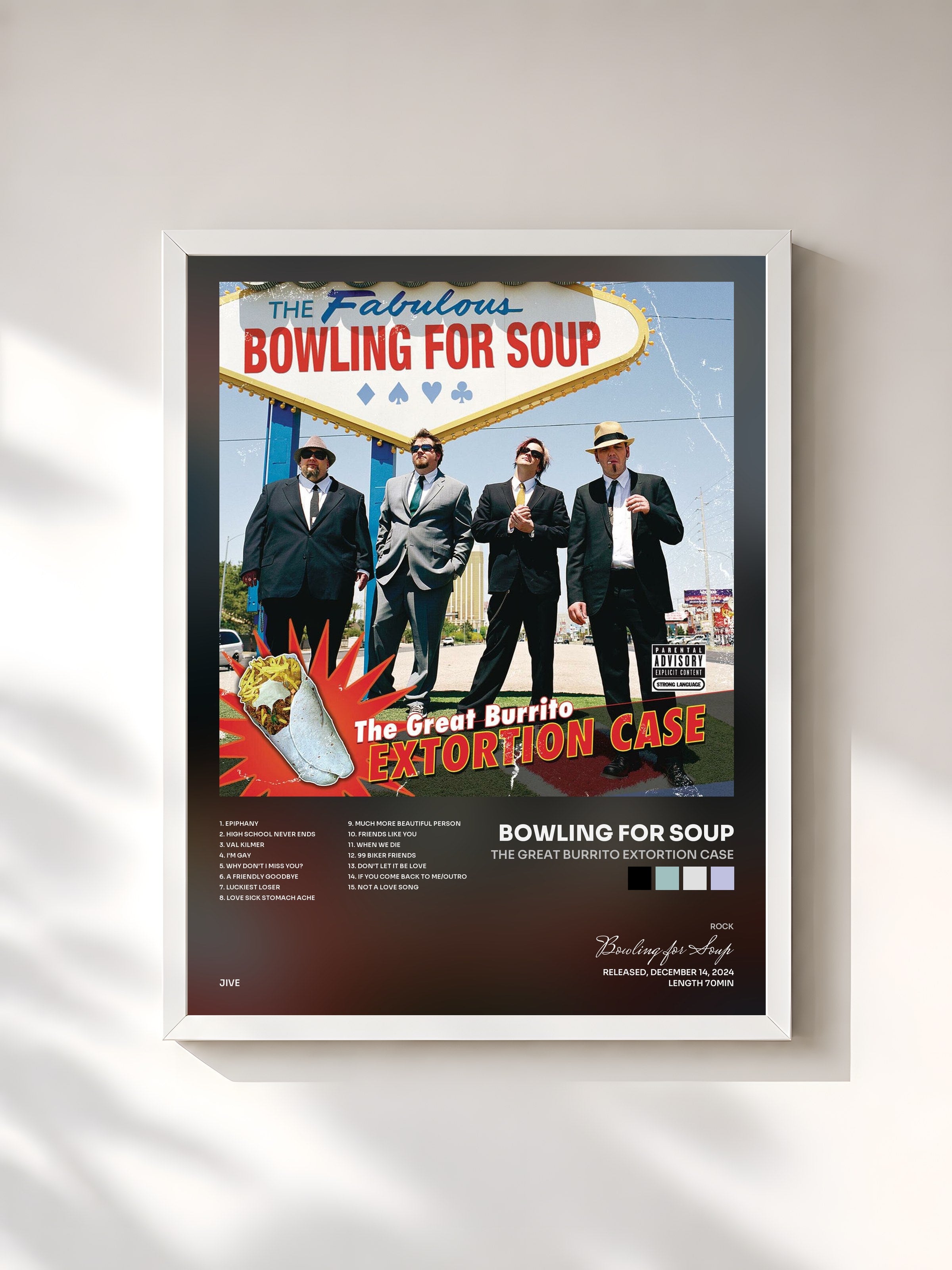 #blanc Tableau de l'album The Great Burrito Extortion Case de Bowling for Soup, cadre blanc, imprimé et encadré en France