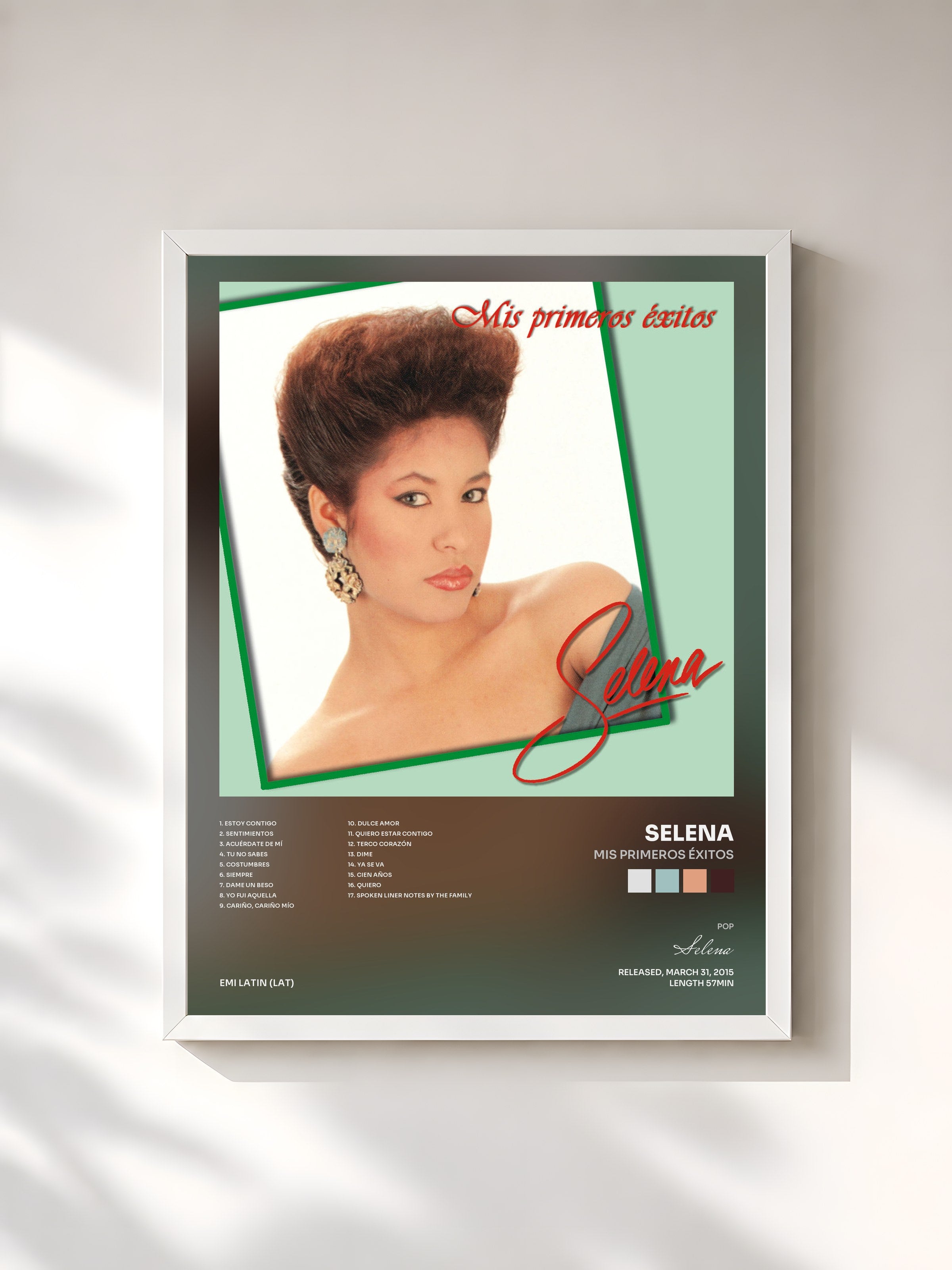 #blanc Tableau de l'album Mis Primeros Éxitos de Selena, cadre blanc, imprimé et encadré en France