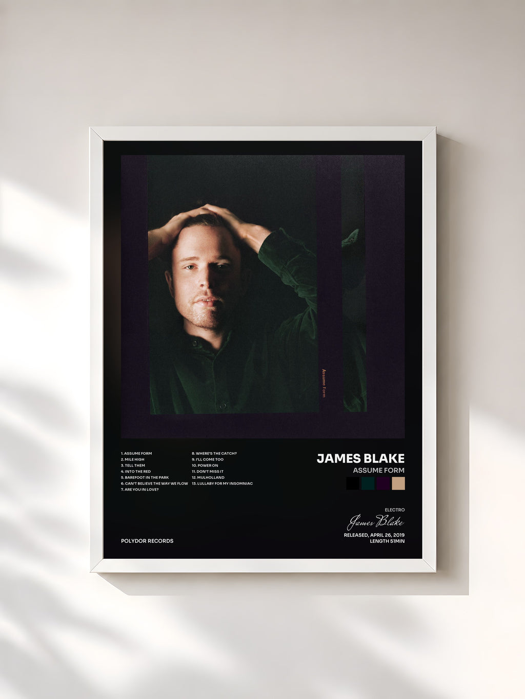#blanc Tableau de l'album Assume Form de James Blake, cadre blanc, imprimé et encadré en France
