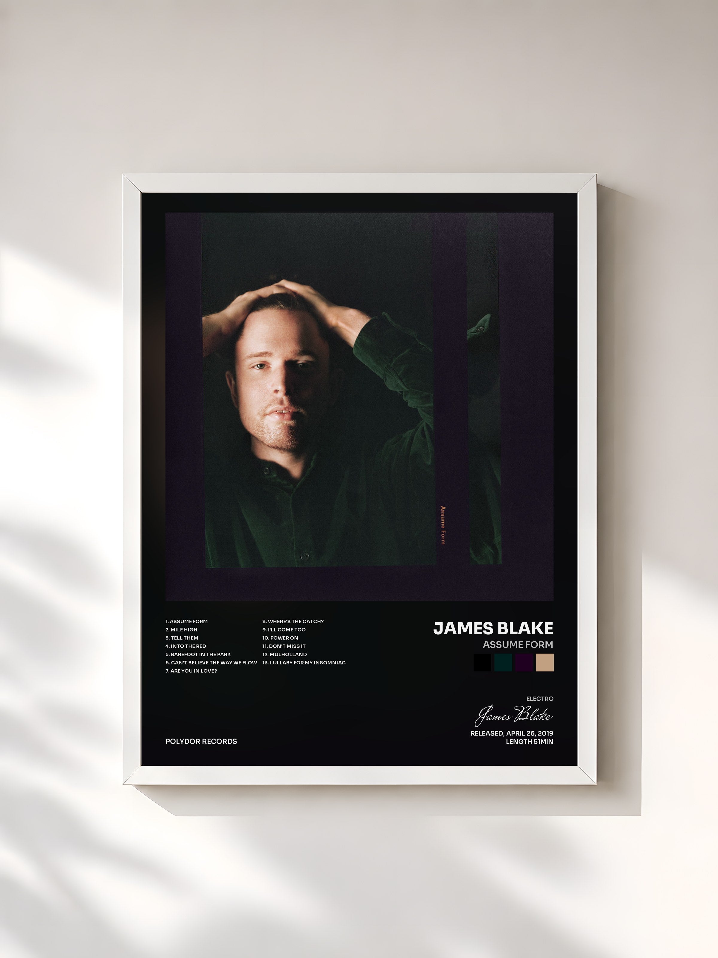 #blanc Tableau de l'album Assume Form de James Blake, cadre blanc, imprimé et encadré en France