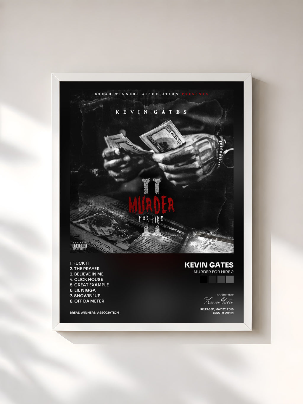 #blanc Tableau de l'album Murder for Hire 2 de Kevin Gates, cadre blanc, imprimé et encadré en France
