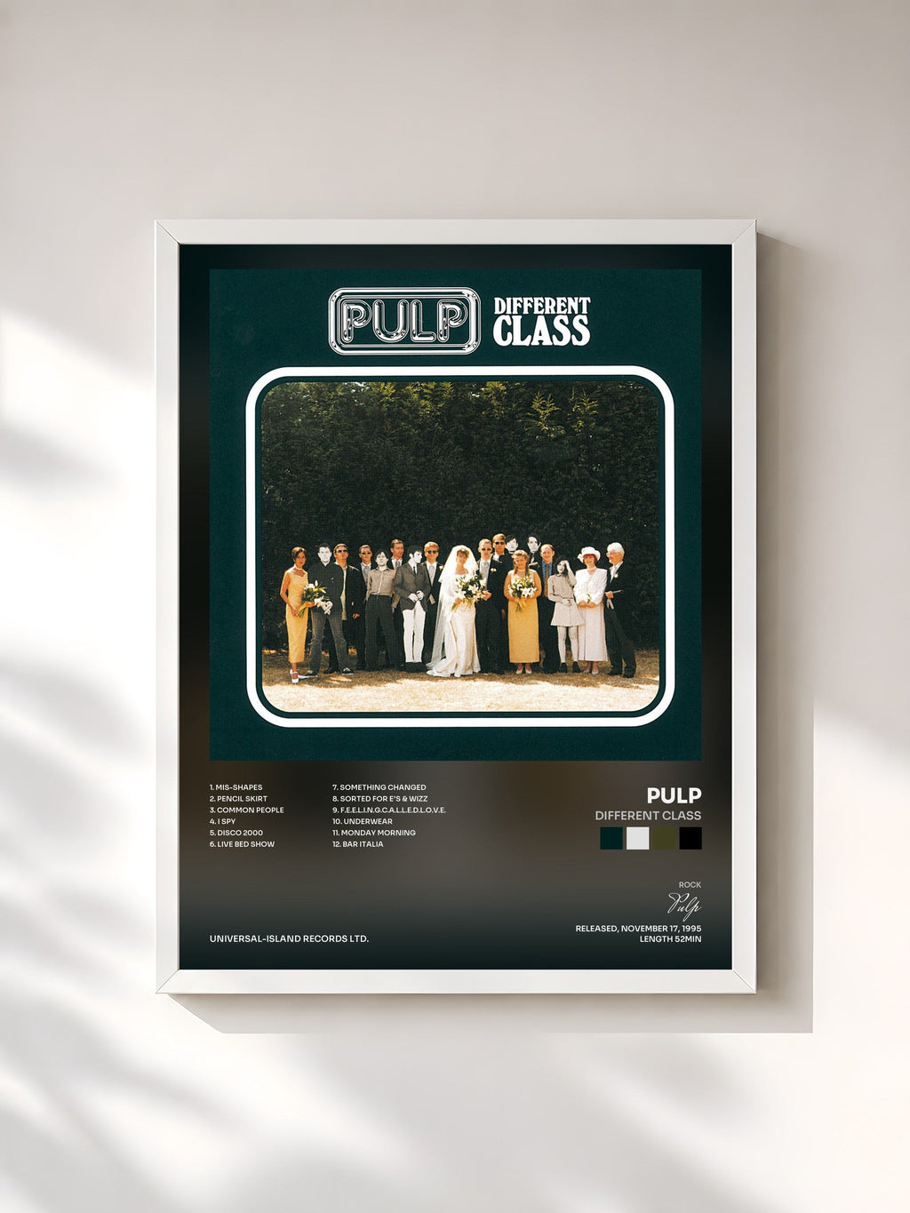 #blanc Different Class de Pulp en lámina enmarcada, marco blanco, impresa y enmarcada en Francia