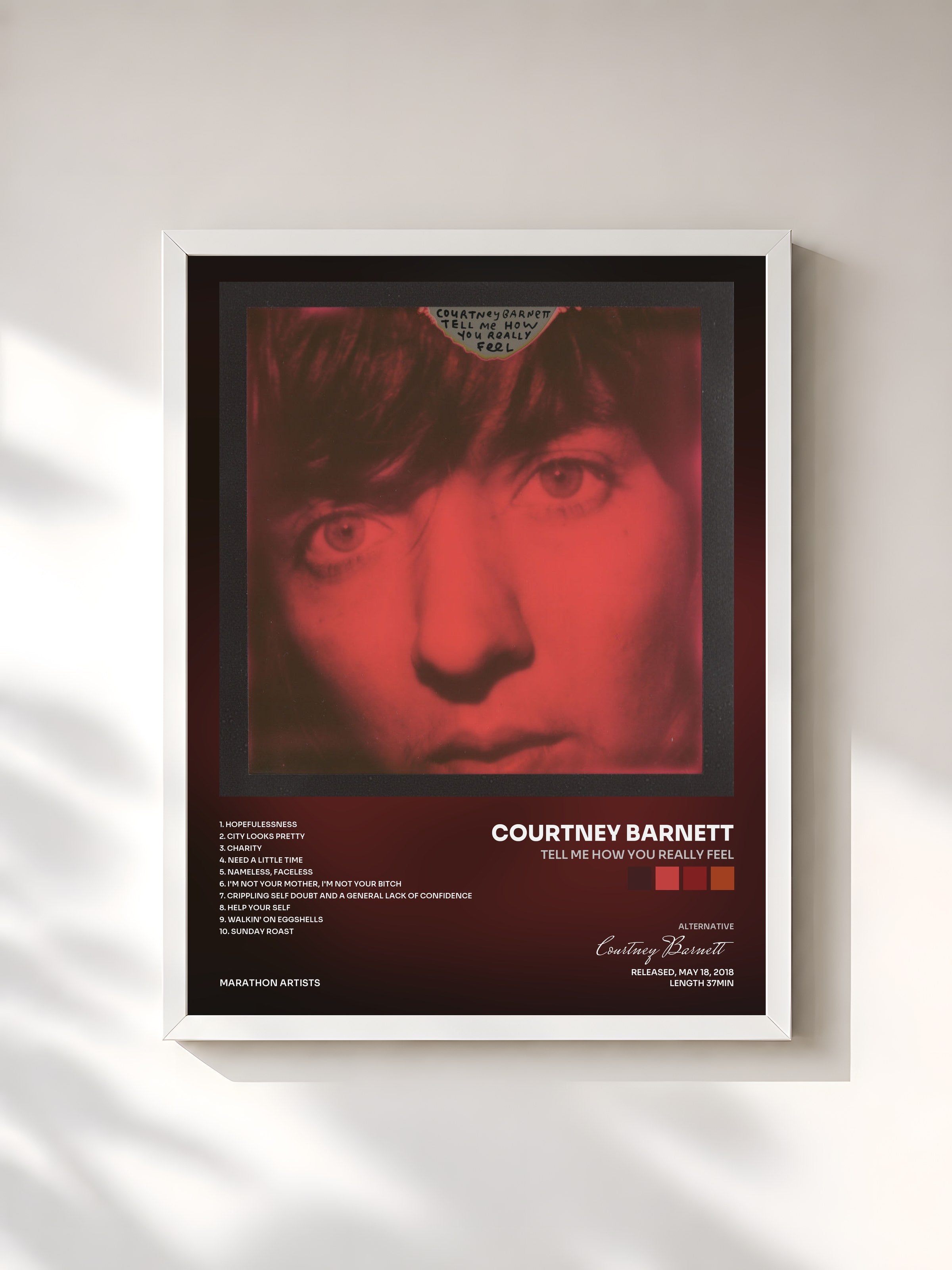 #blanc Tableau de l'album Tell Me How You Really Feel de Courtney Barnett, cadre blanc, imprimé et encadré en France