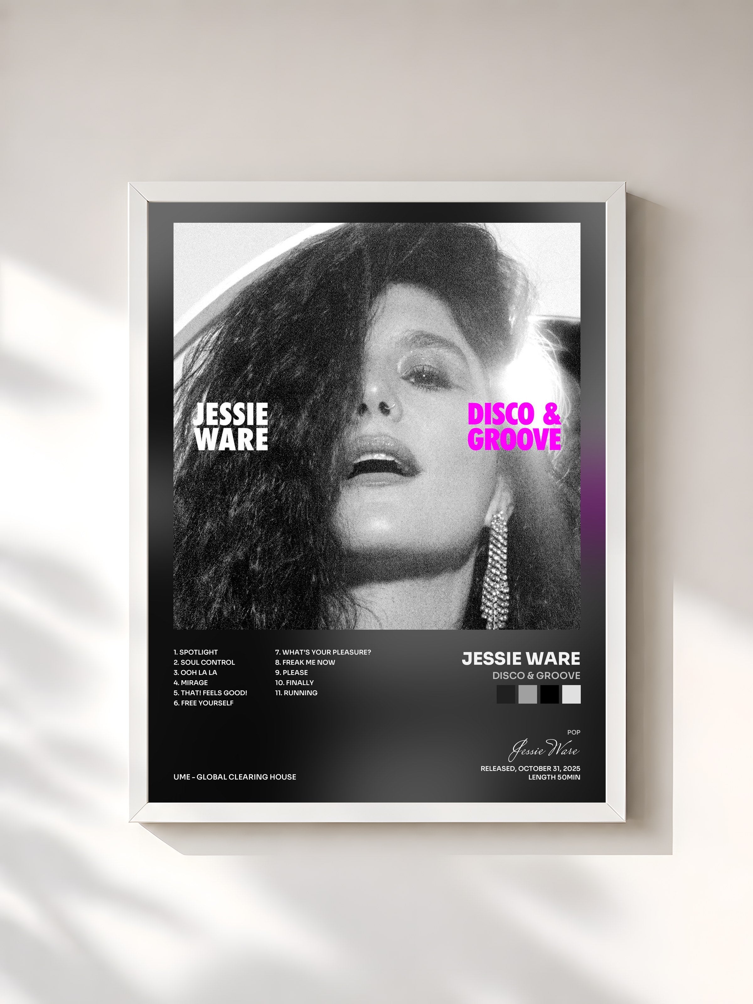 #blanc Tableau de l'album Disco & Groove de Jessie Ware, cadre blanc, imprimé et encadré en France